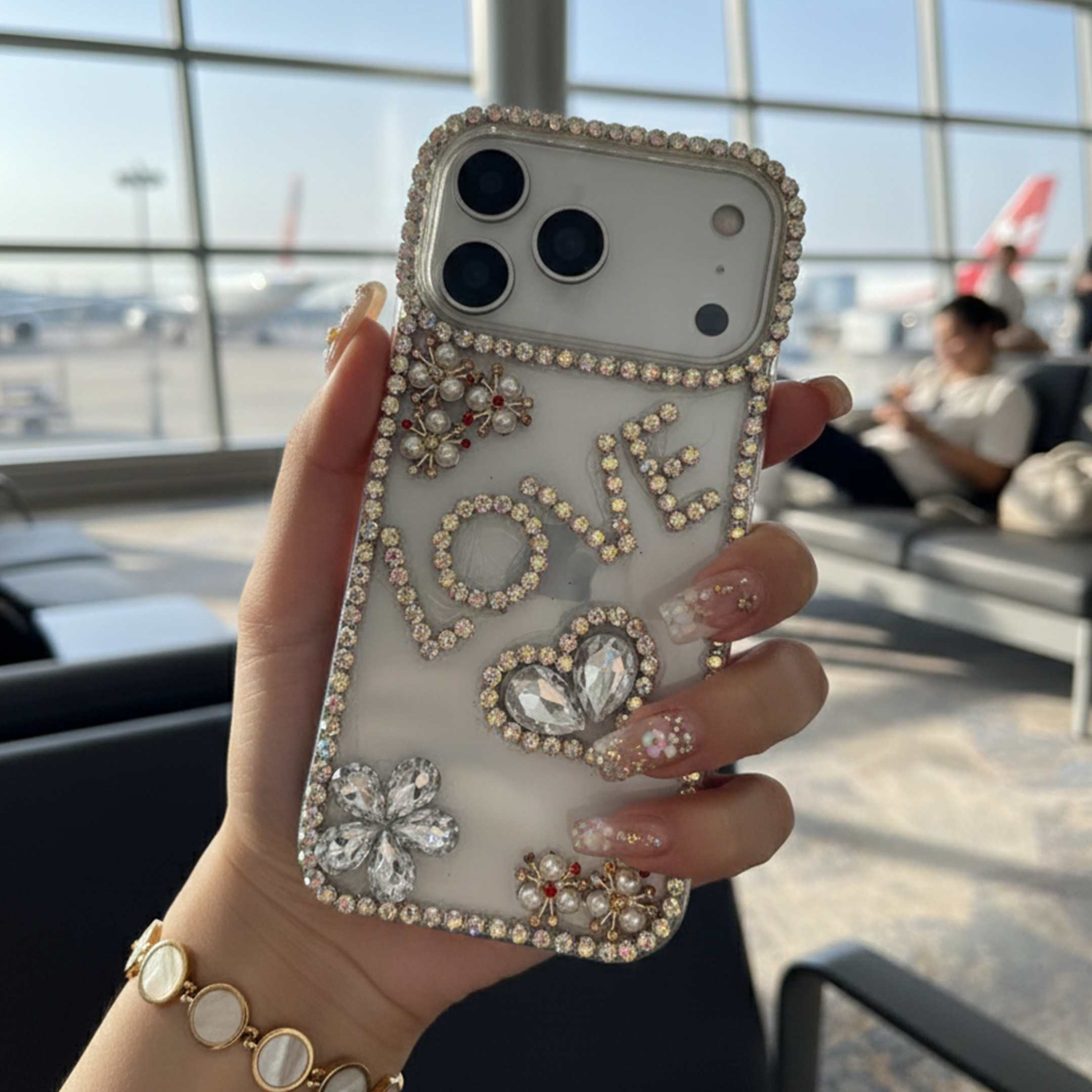 Crystal LOVE Word Art Case — Luxury Silver Rhinestone Heart & Flower Case
