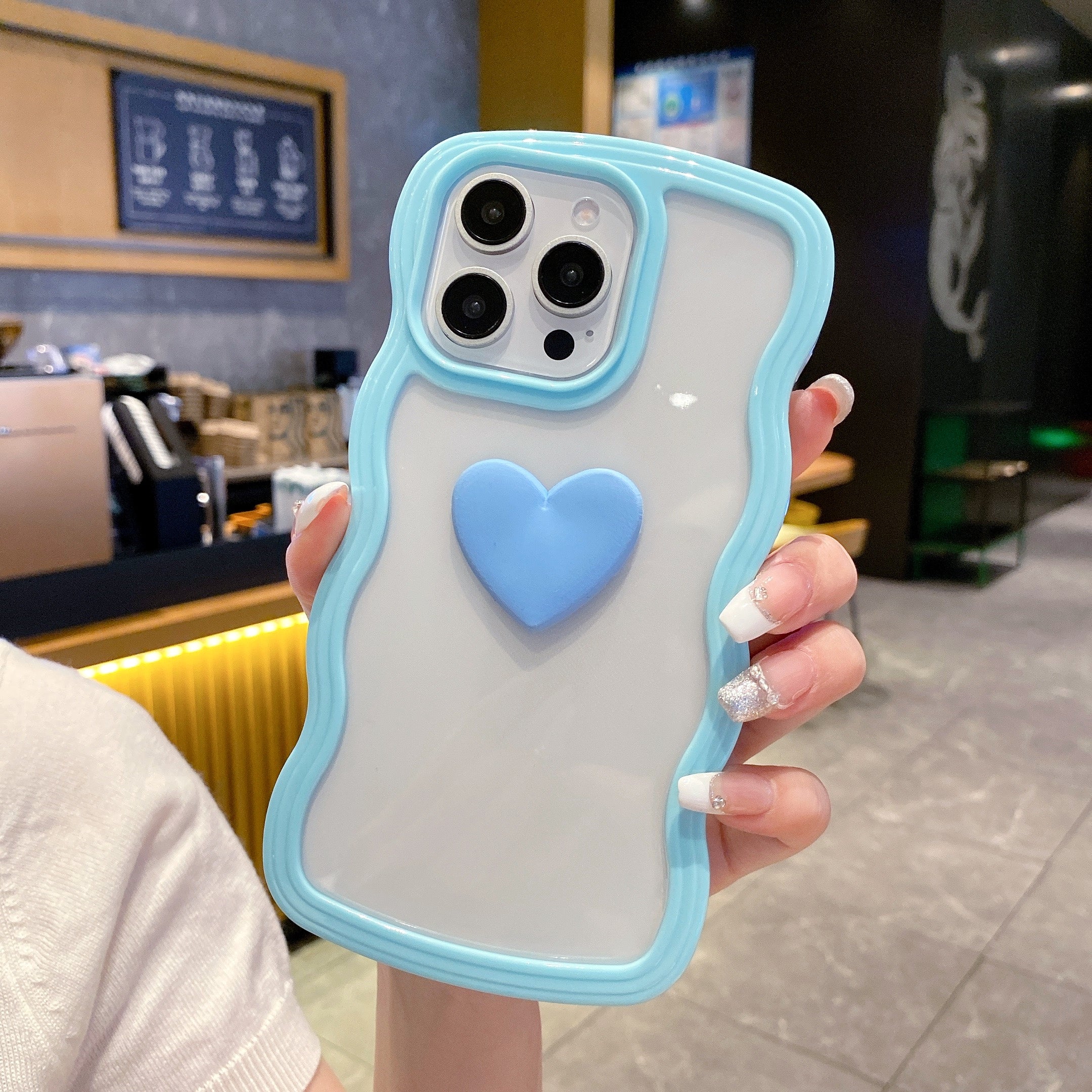 Cute Clear 3D Love Blue Heart Wavy Frame Silicon Phone Case