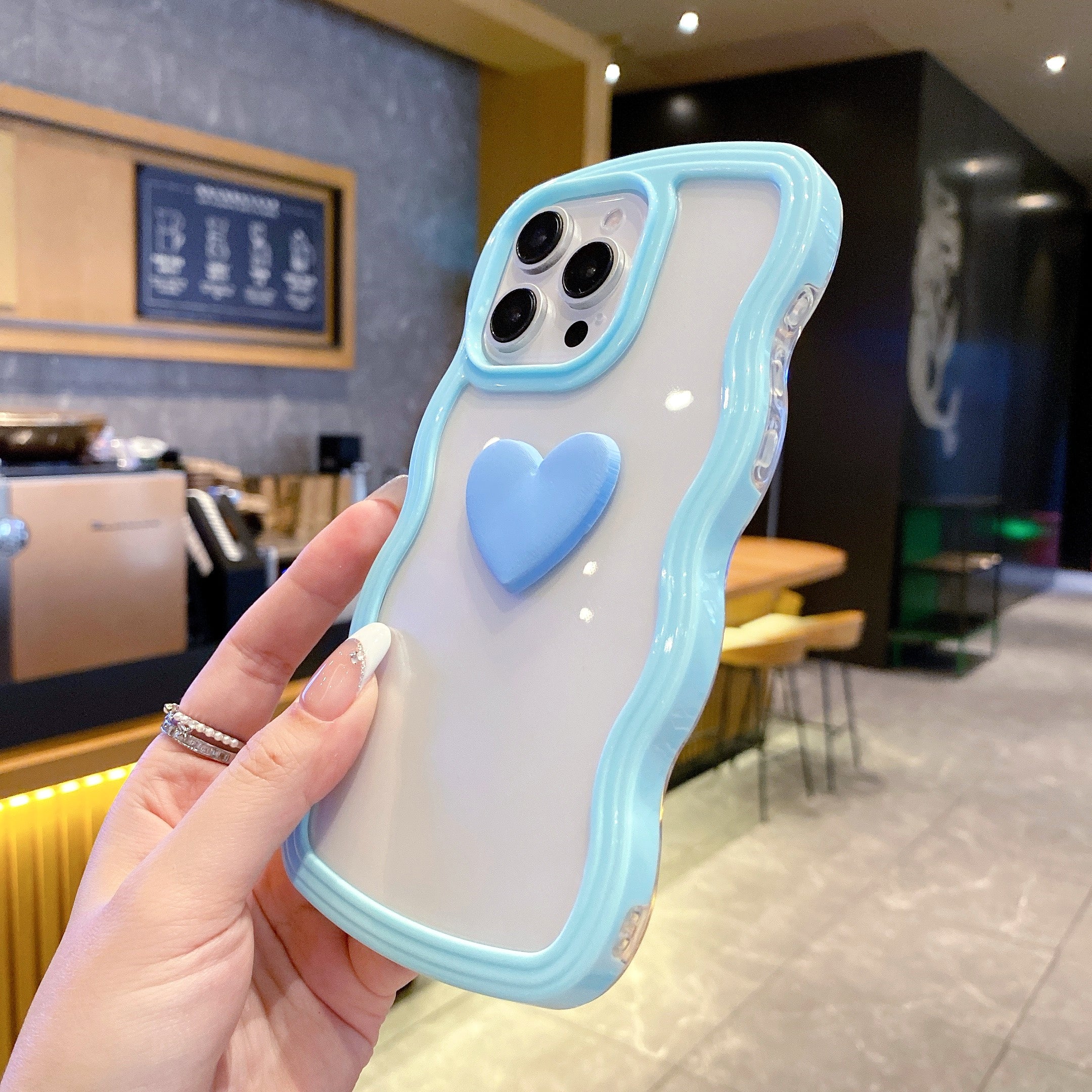 Cute Clear 3D Love Blue Heart Wavy Frame Silicon Phone Case