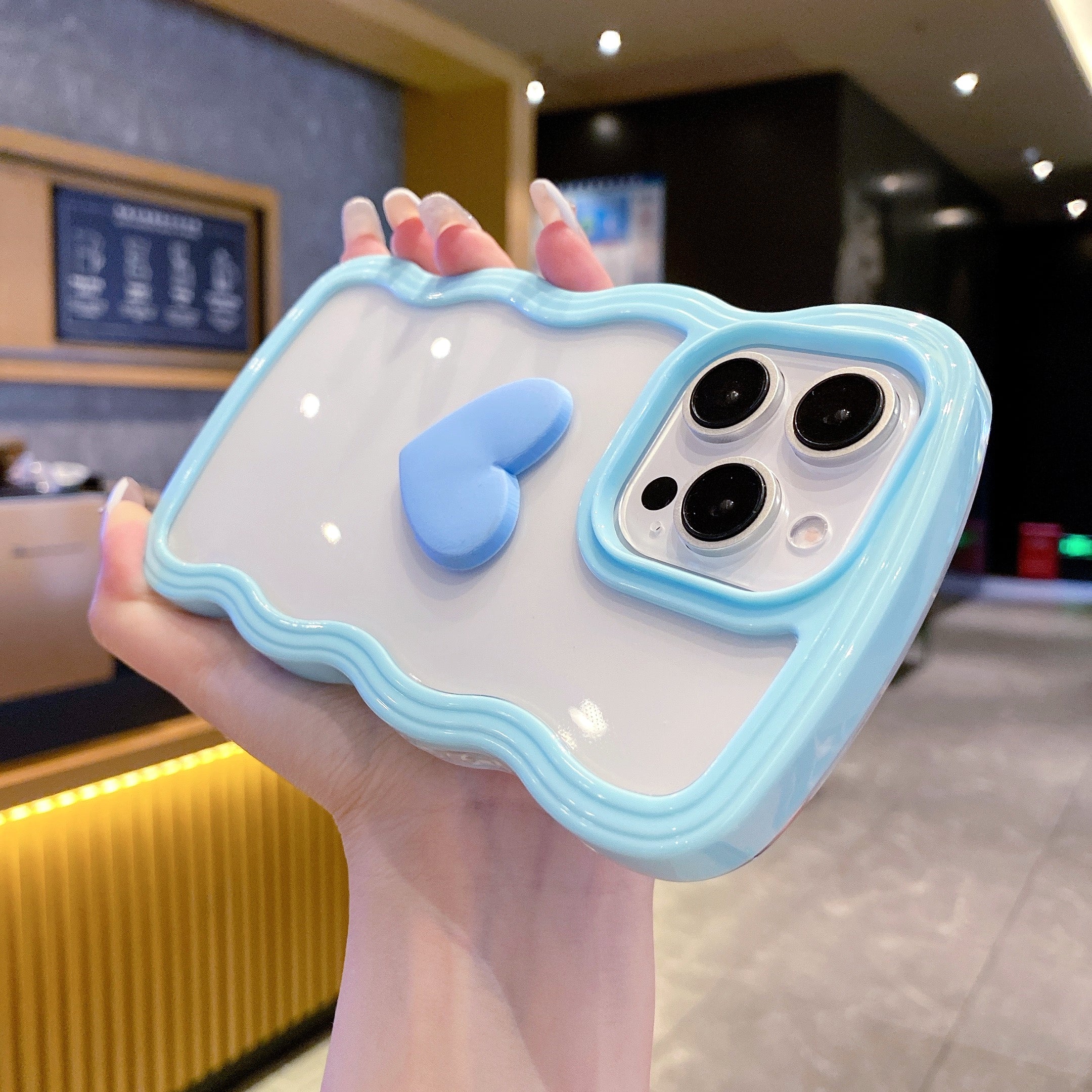 Cute Clear 3D Love Blue Heart Wavy Frame Silicon Phone Case