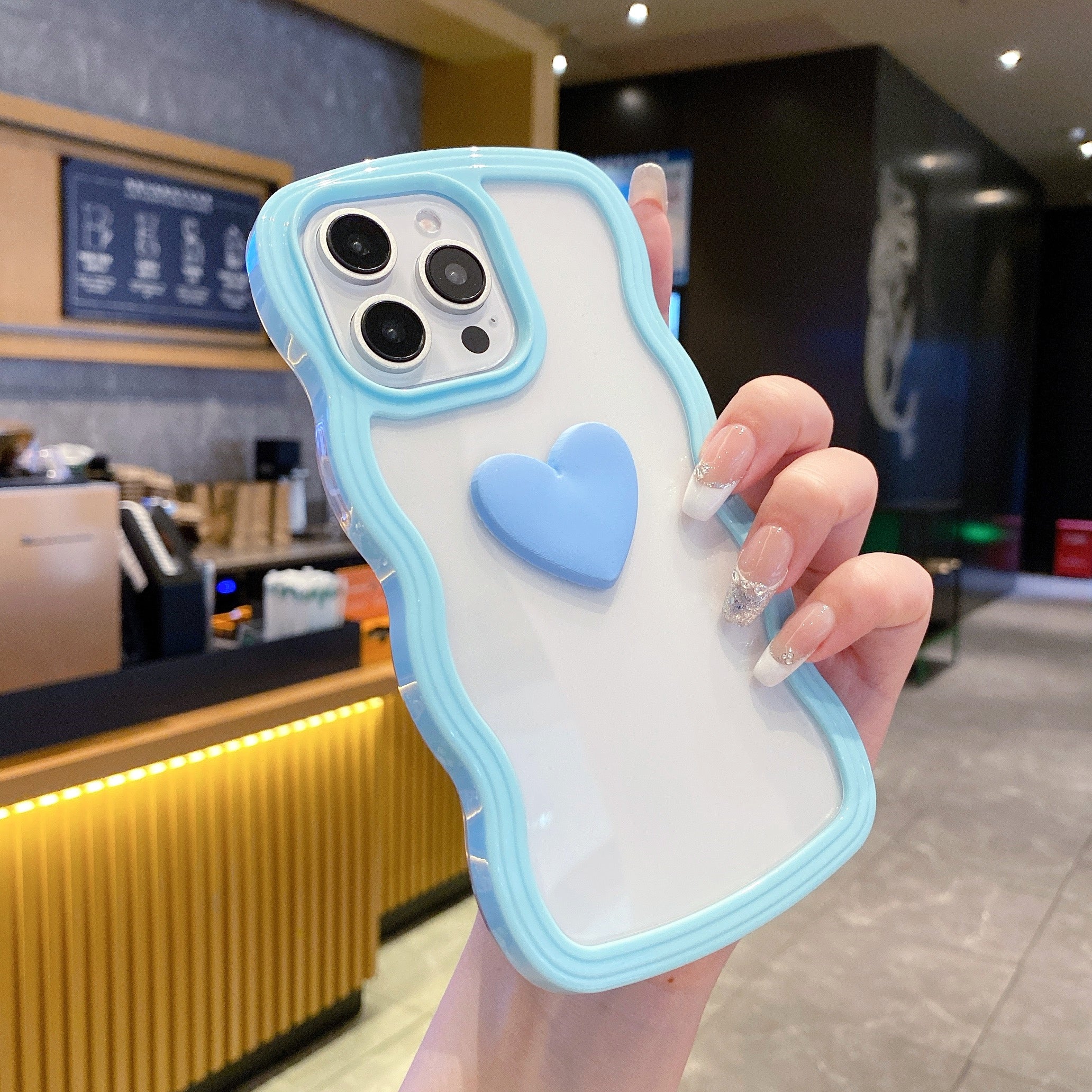 Cute Clear 3D Love Blue Heart Wavy Frame Silicon Phone Case