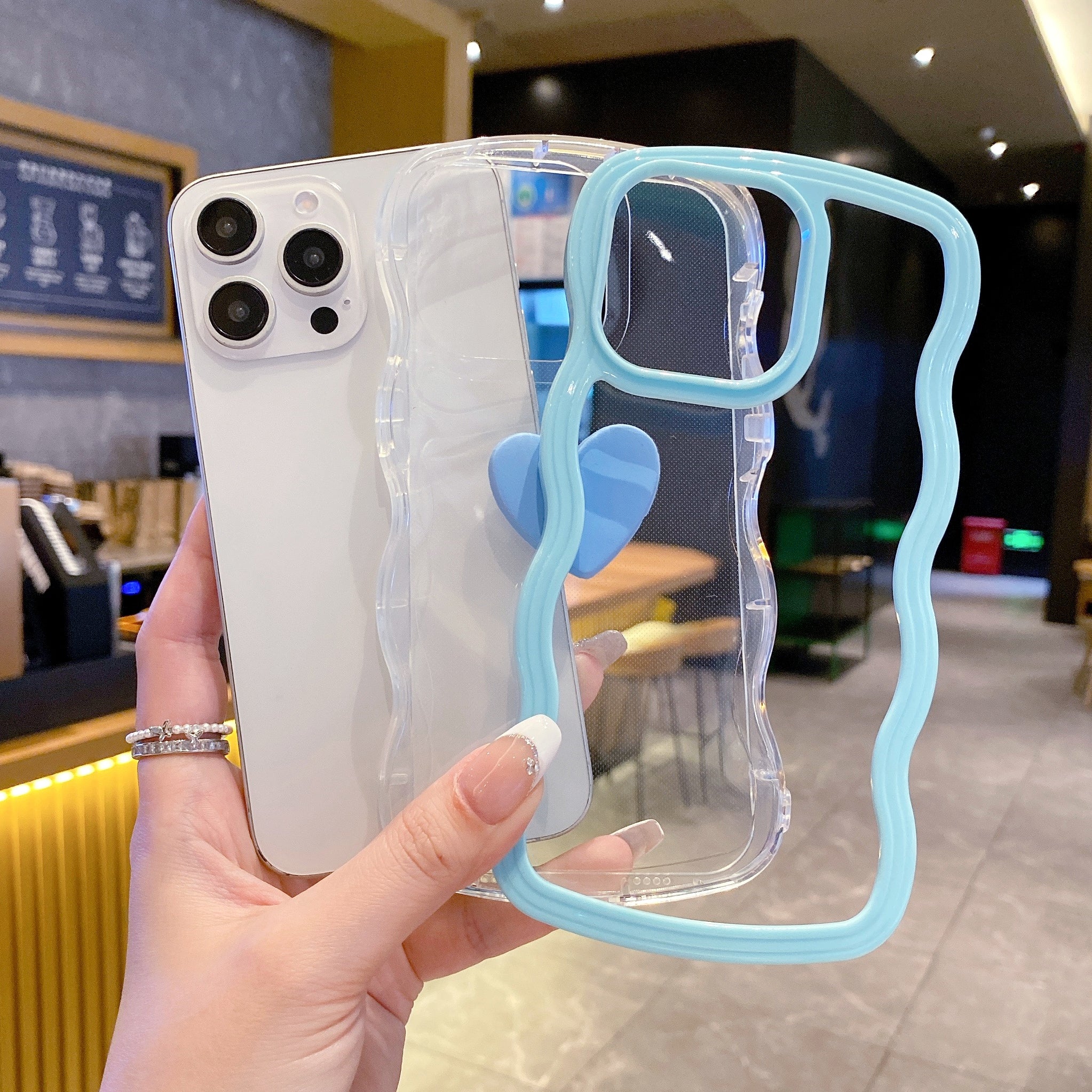 Cute Clear 3D Love Blue Heart Wavy Frame Silicon Phone Case