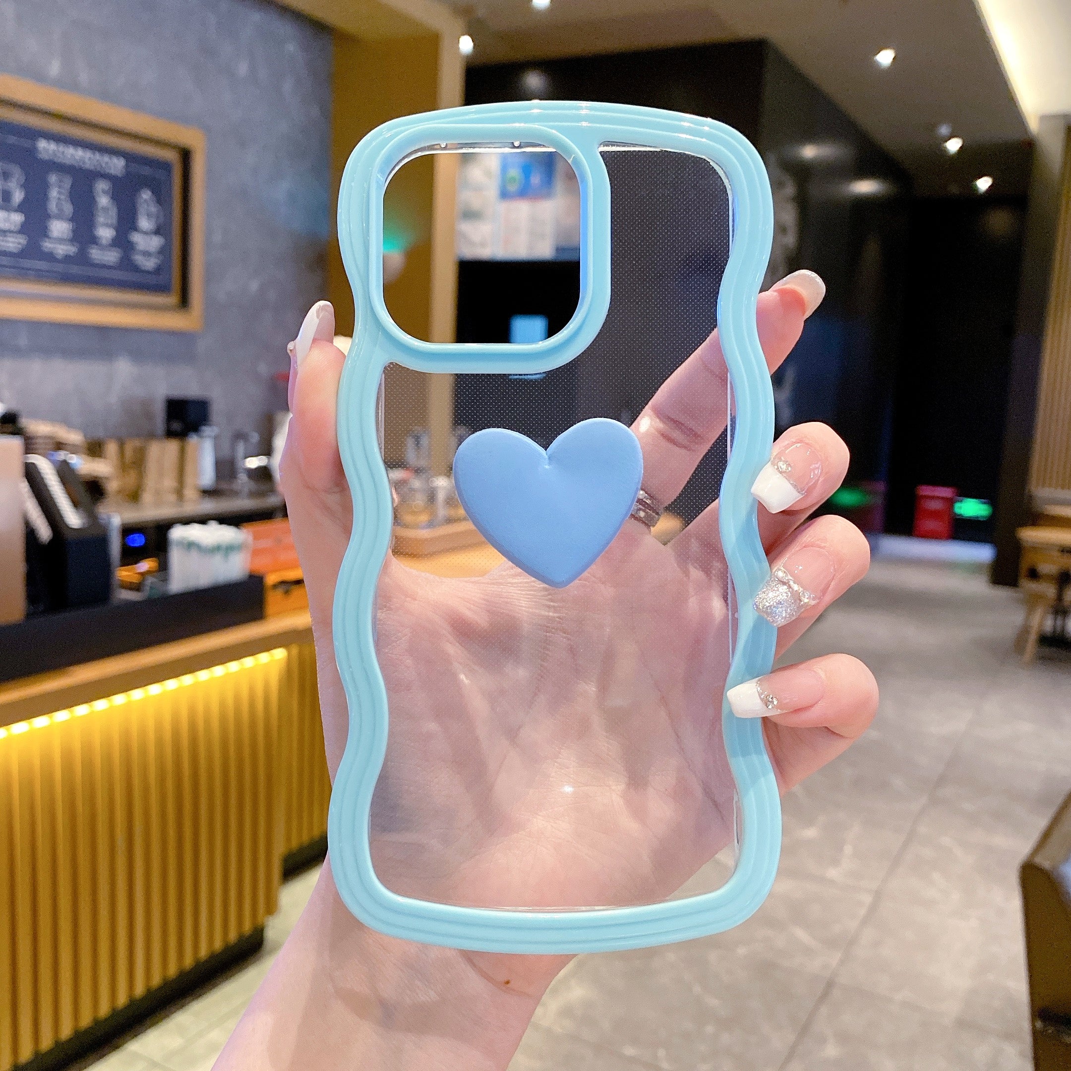 Cute Clear 3D Love Blue Heart Wavy Frame Silicon Phone Case