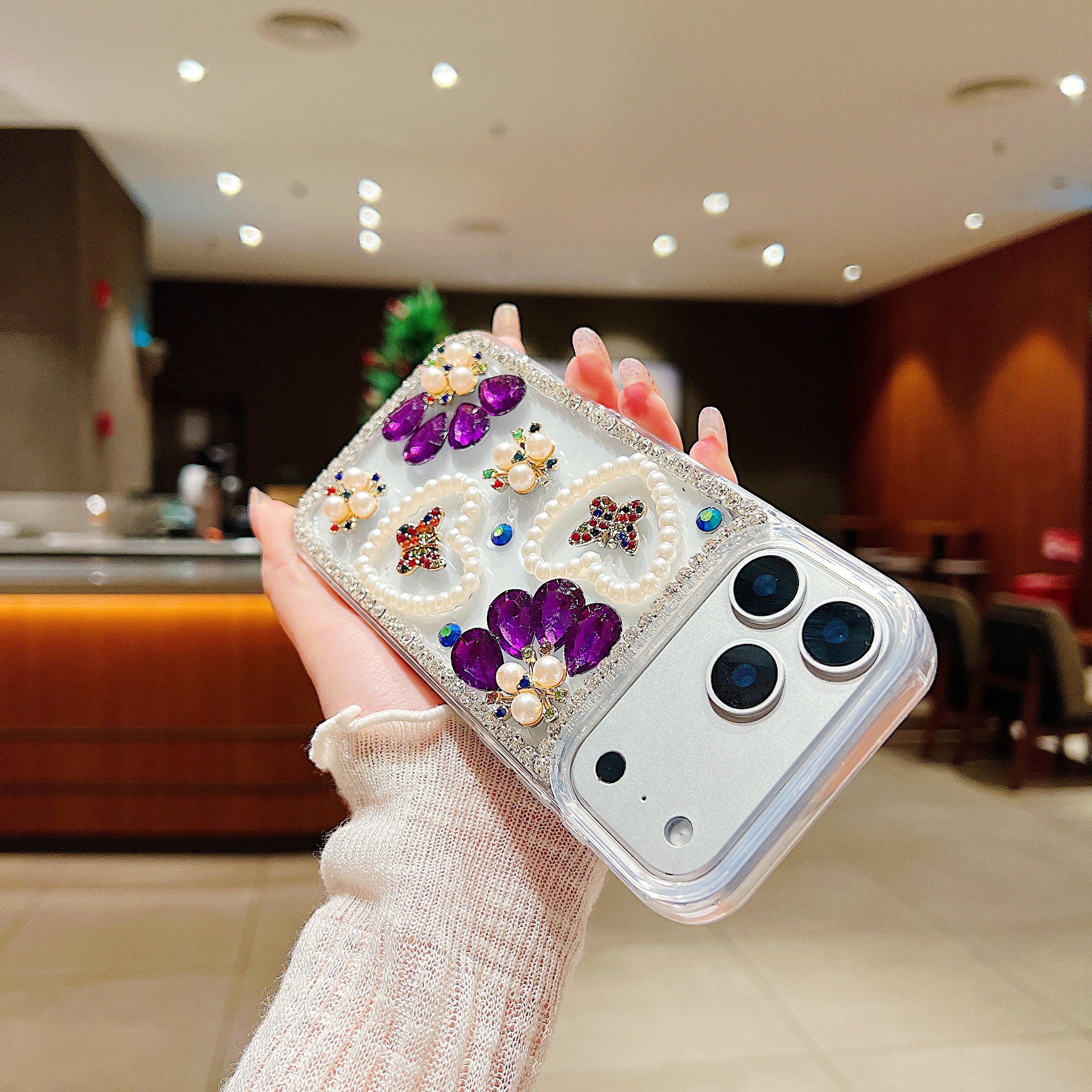 Royal Amethyst Flower Phone Case – Sparkly Diamond & Pearl 3D Floral Design