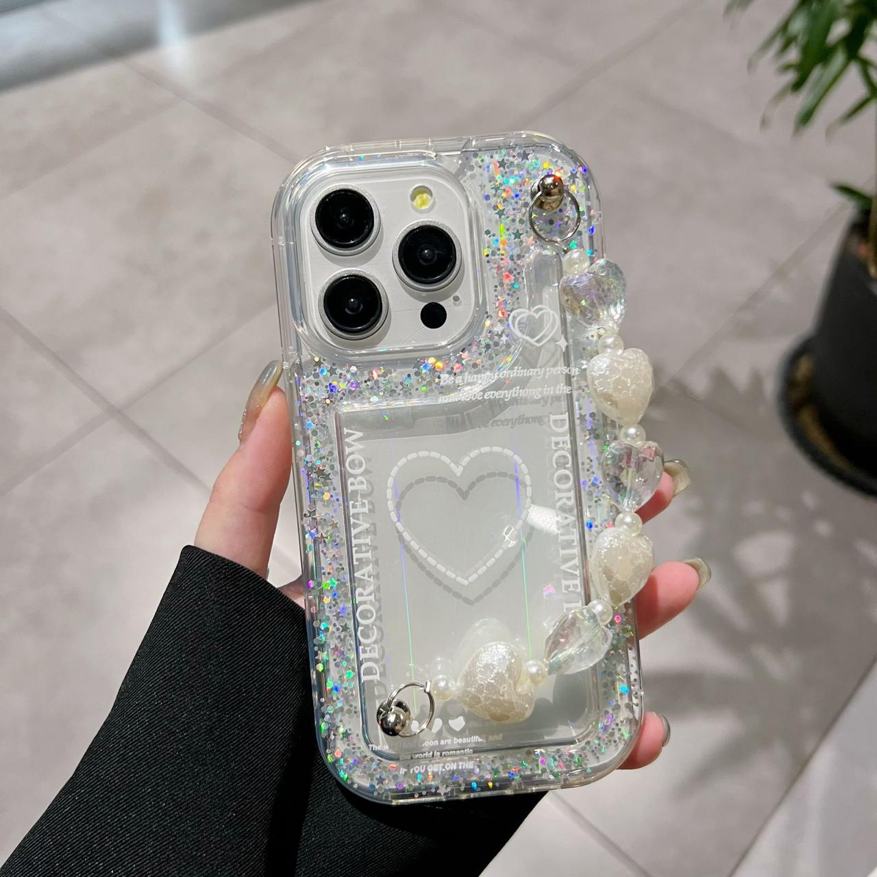 Decorative Bow Glitter Heart With Heart Chain Silicon Phone Cases For iPhone 15 Pro Max