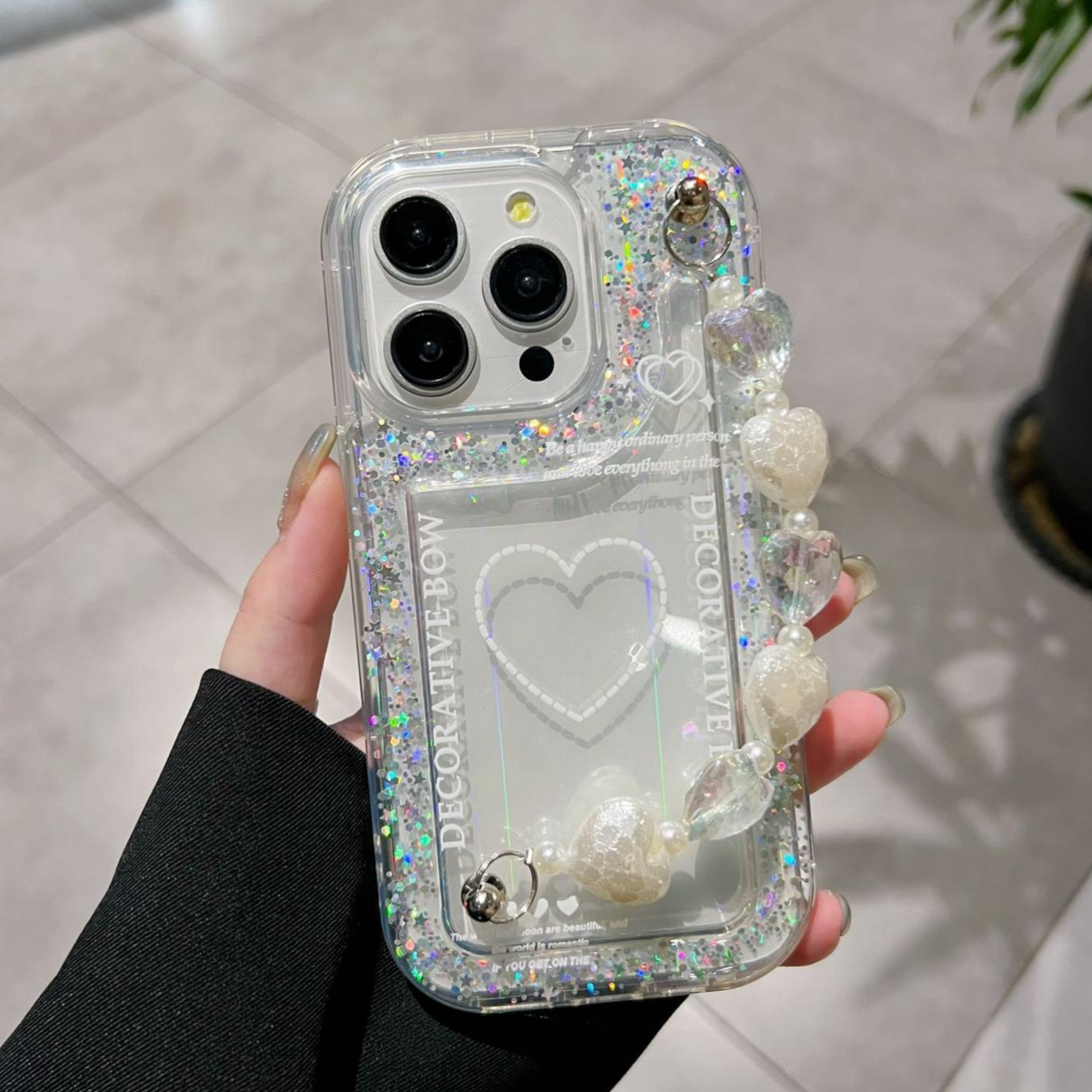 Decorative Bow Glitter Heart With Heart Chain Silicon Phone Cases