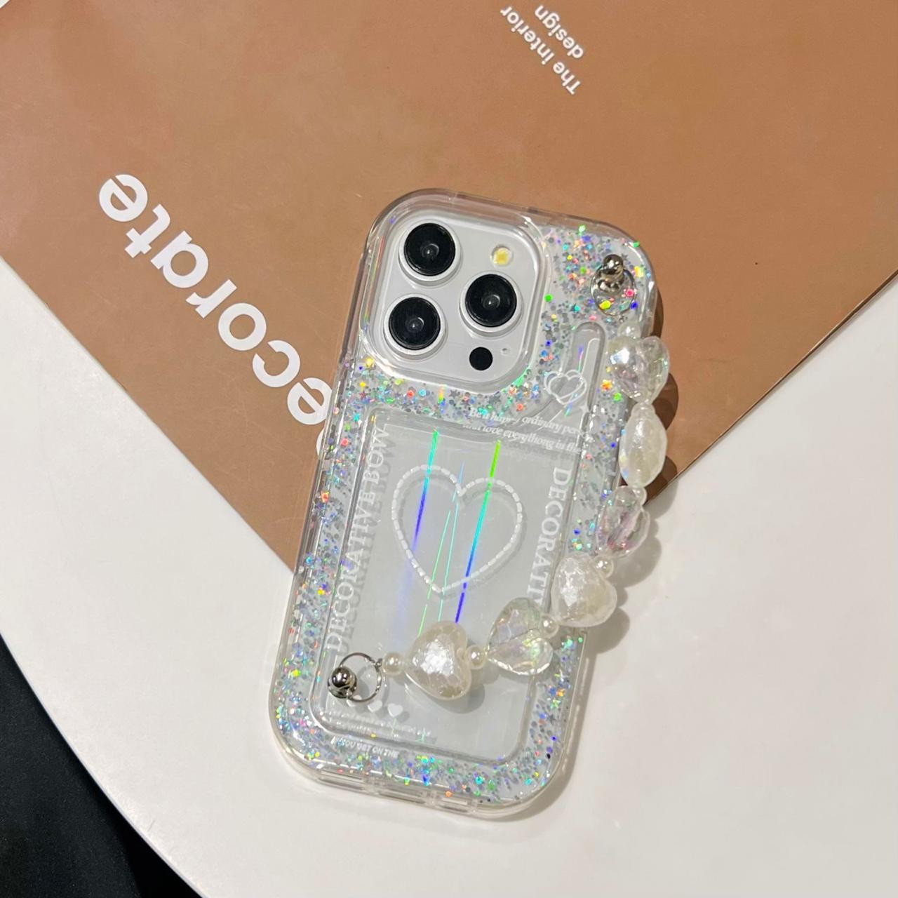 Decorative Bow Glitter Heart With Heart Chain Silicon Phone Cases For iPhone 15 Pro Max