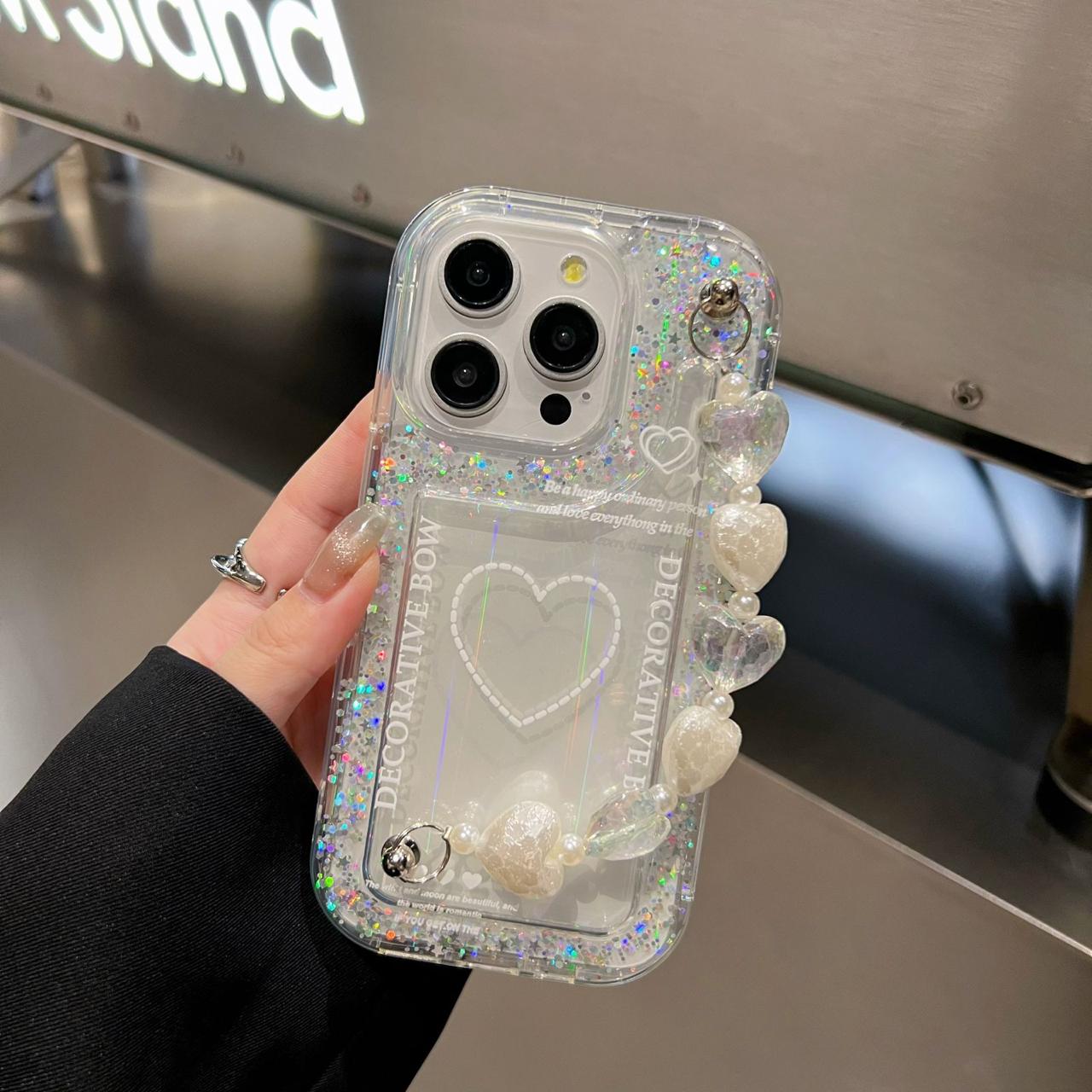 Decorative Bow Glitter Heart With Heart Chain Silicon Phone Cases For iPhone 15 Pro Max