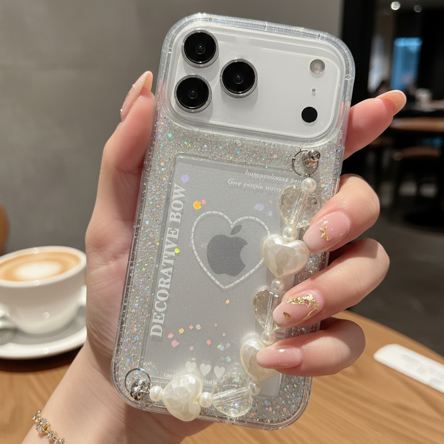 Decorative Bow Glitter Heart With Heart Chain Silicon Phone Cases