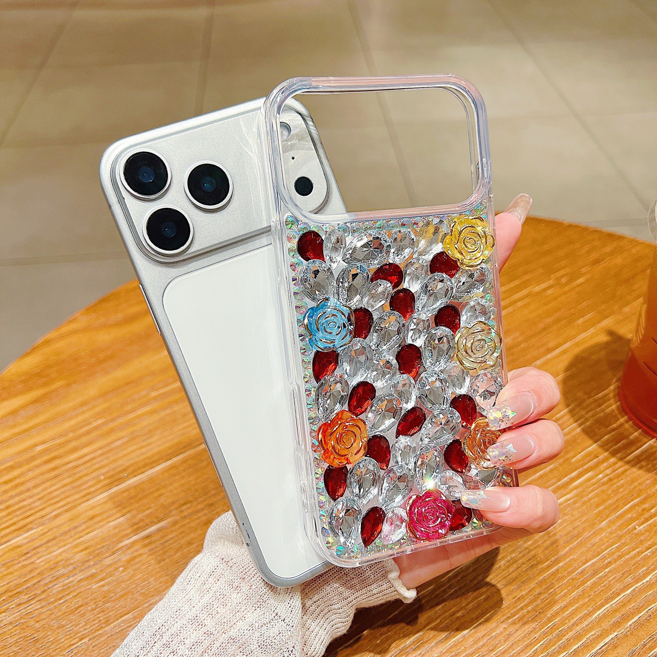 Rainbow Rose Crystal Phone Case – 3D Multicolor Flower & Diamond Gem Case