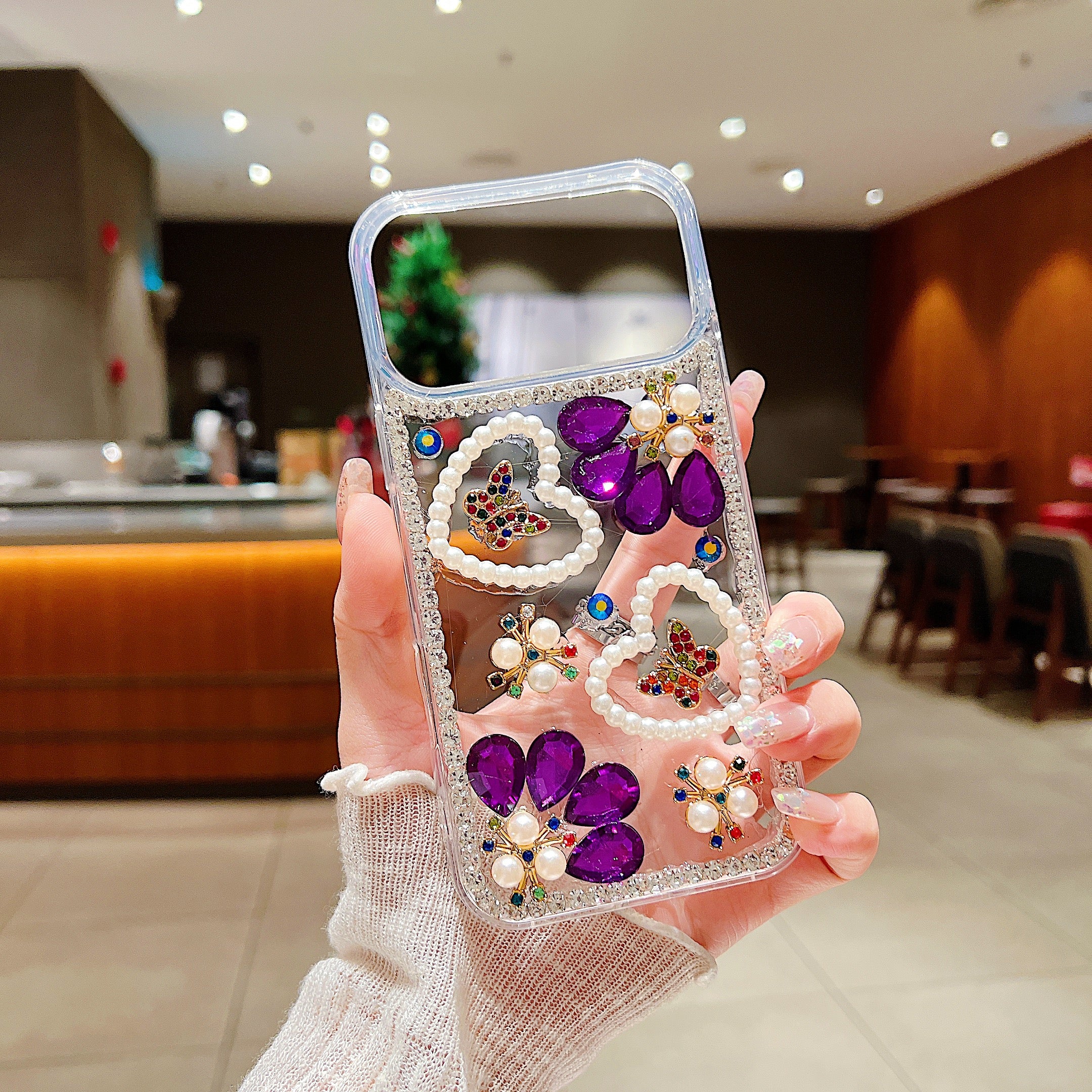 Royal Amethyst Flower Phone Case – Sparkly Diamond & Pearl 3D Floral Design
