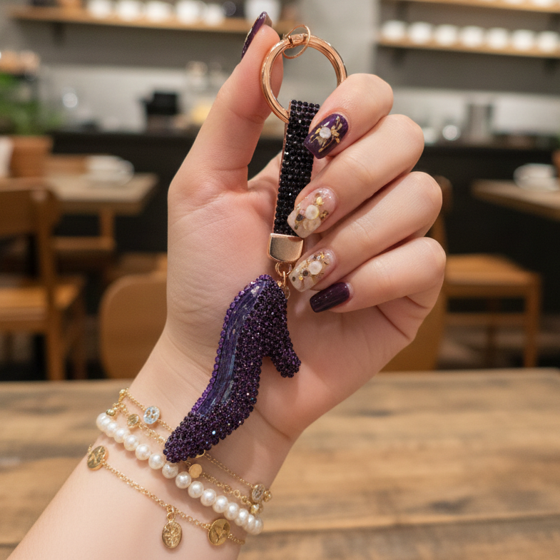 Royal Purple Crystal High Heel Phone Charm - Premium Bling Fashion Keychain for Backpacks & Purses
