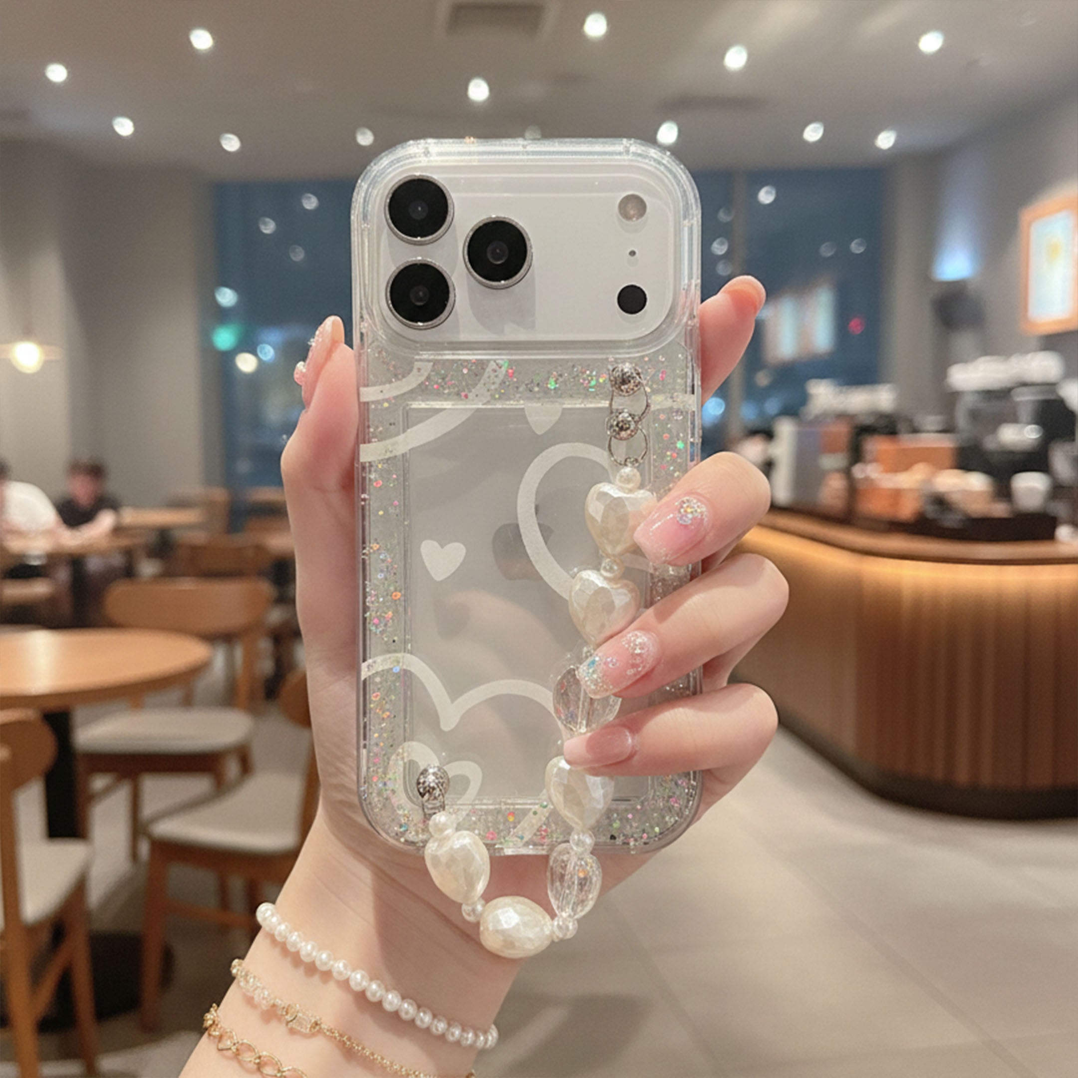 Glitter Heart With Heart Chain Silicon Phone Cases
