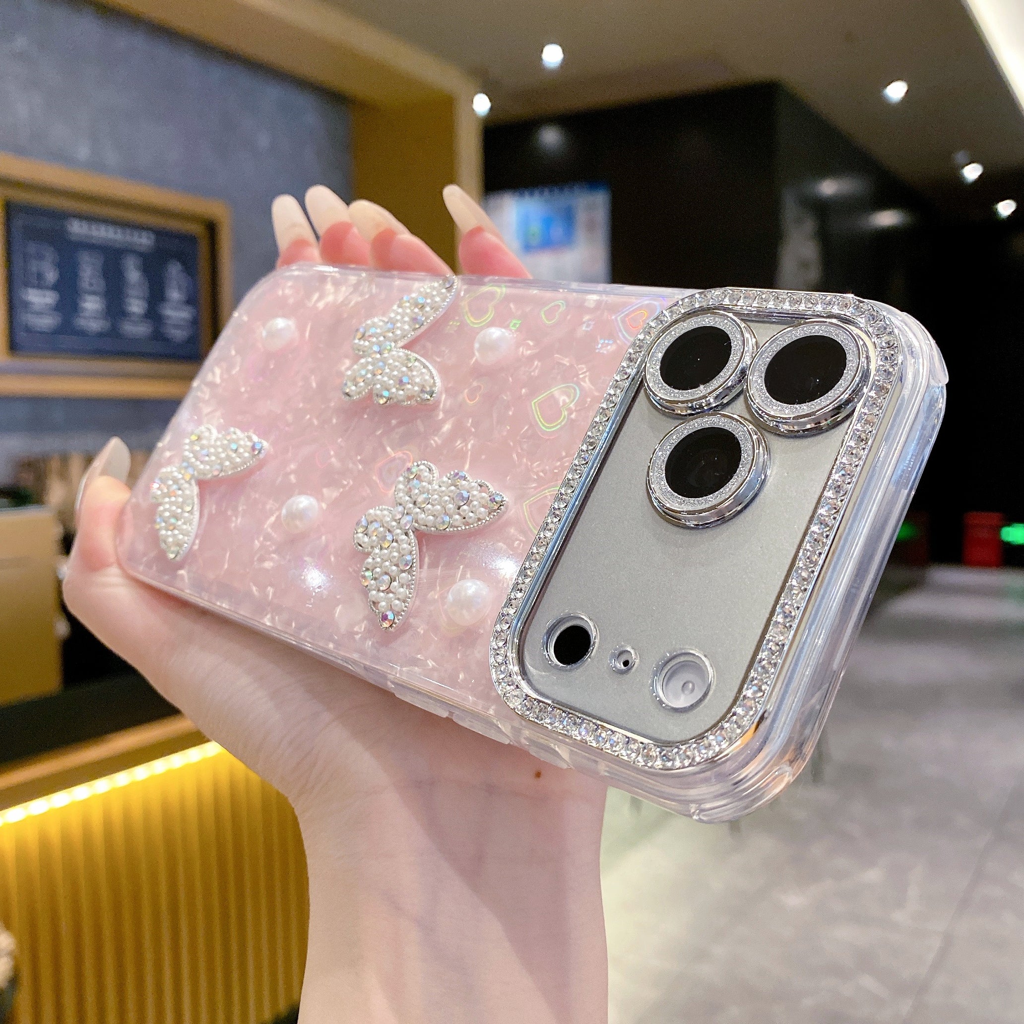 Butterfly & Pearl Crush Phone Case - Luxury 3D Crystal Butterfly Shimmer Cover