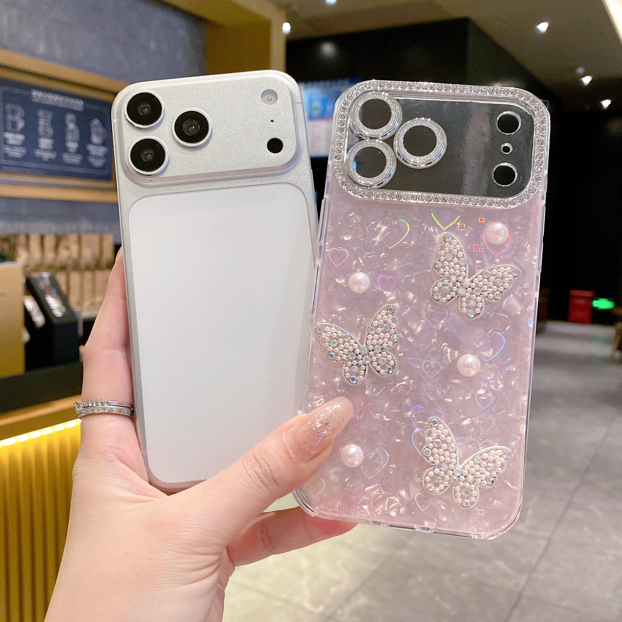 Butterfly & Pearl Crush Phone Case - Luxury 3D Crystal Butterfly Shimmer Cover