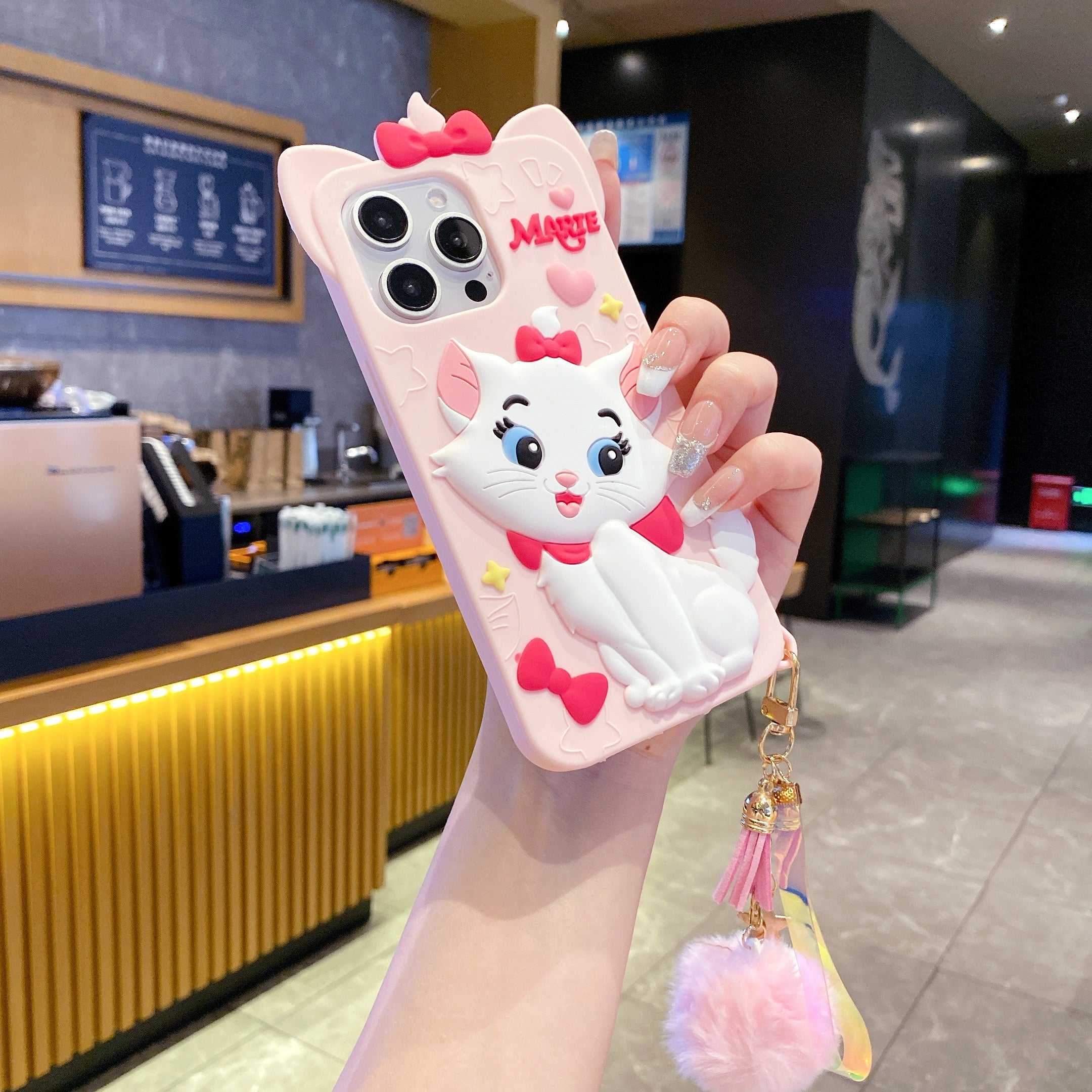 Disney Marie Cat With Fur Charm Silicon Phone Cases