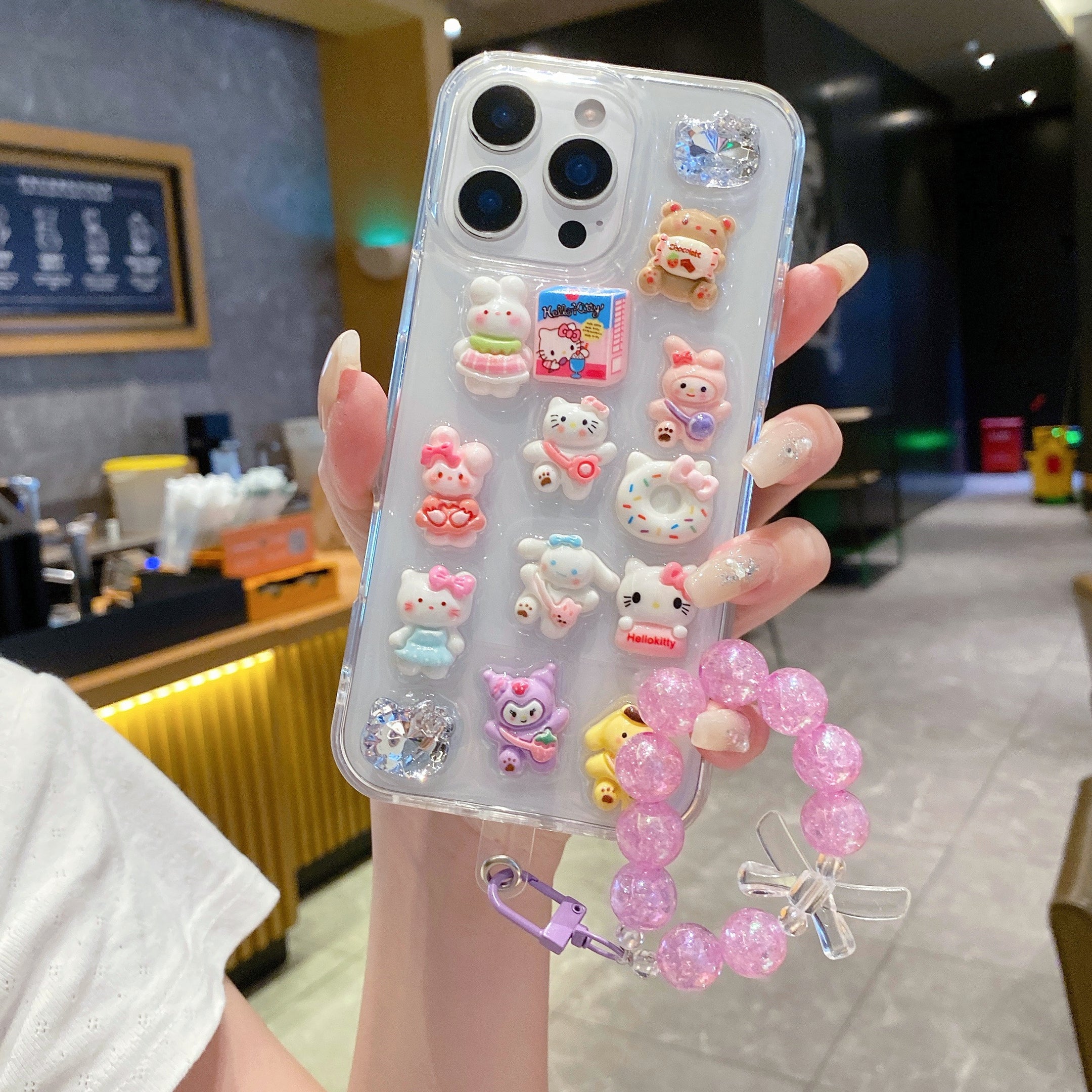 Kawaii 3D Cartoon Case with Pink Bead Strap – Trendy Girly Design For iPhone 13
