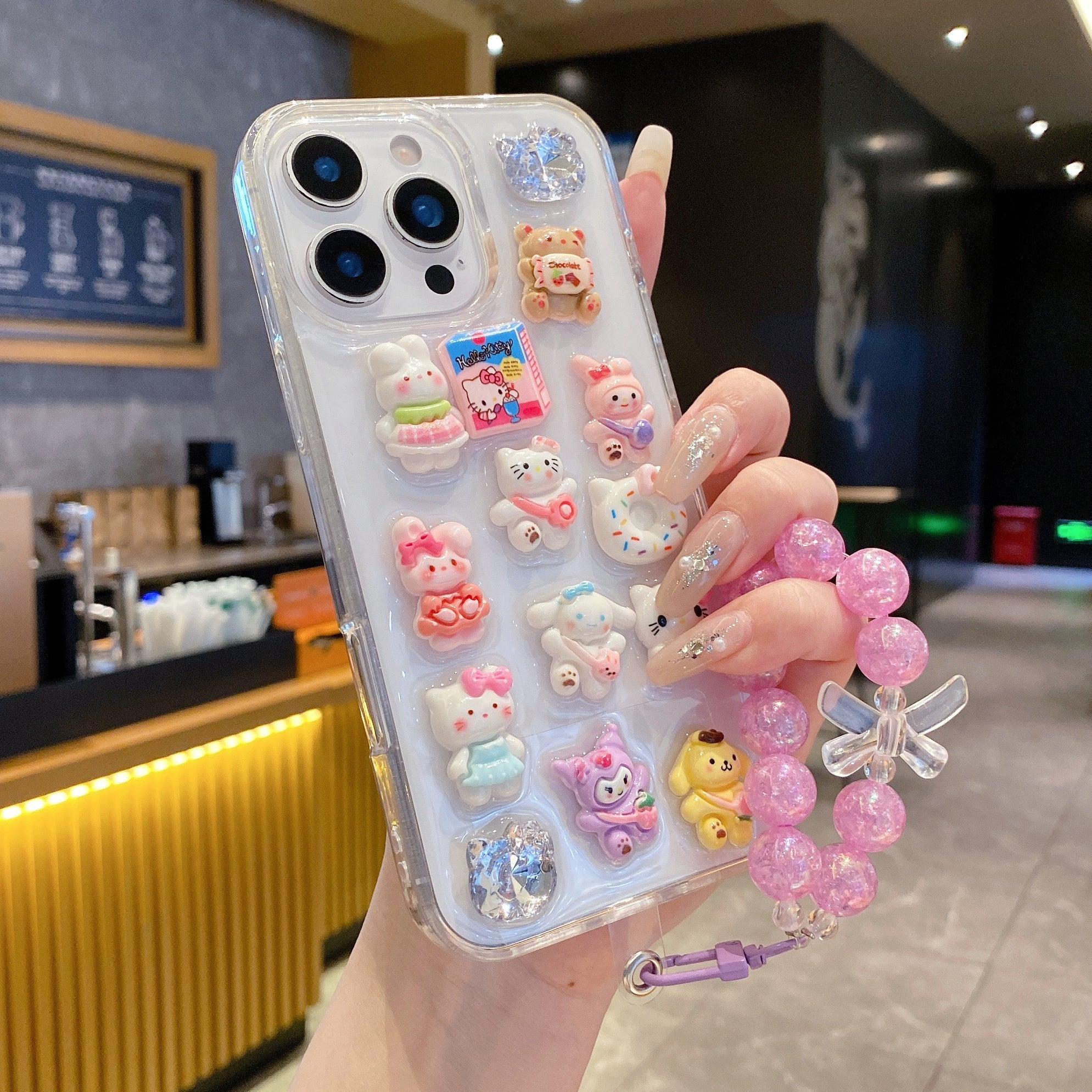 Kawaii 3D Cartoon Case with Pink Bead Strap – Trendy Girly Design For iPhone 13