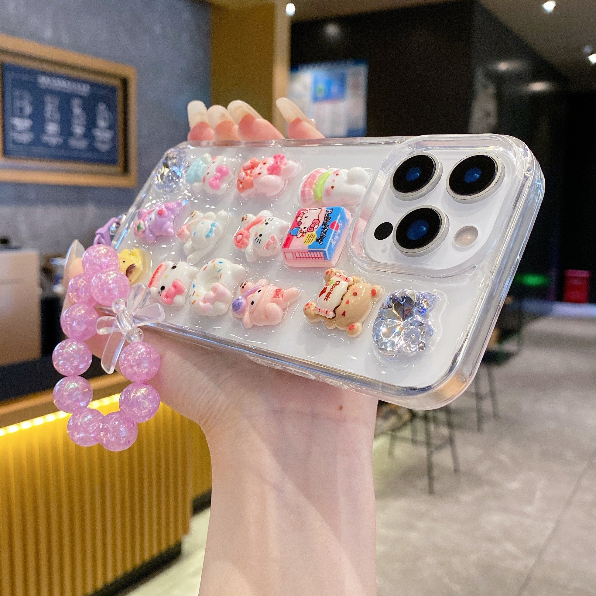 Kawaii 3D Cartoon Case with Pink Bead Strap – Trendy Girly Design For iPhone 13
