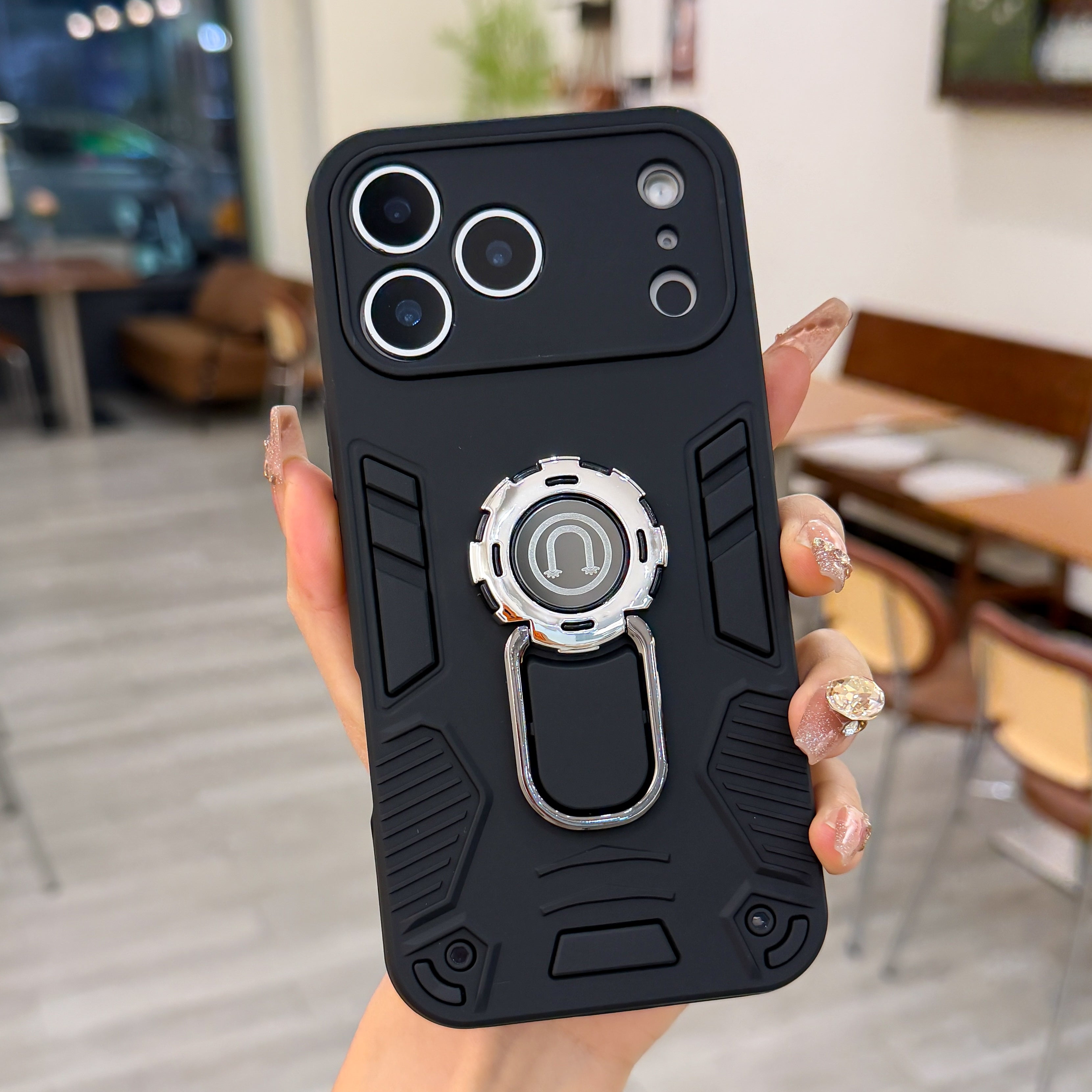 Matte Black Heavy Duty Armor Case with Magnetic Ring Kickstand Case