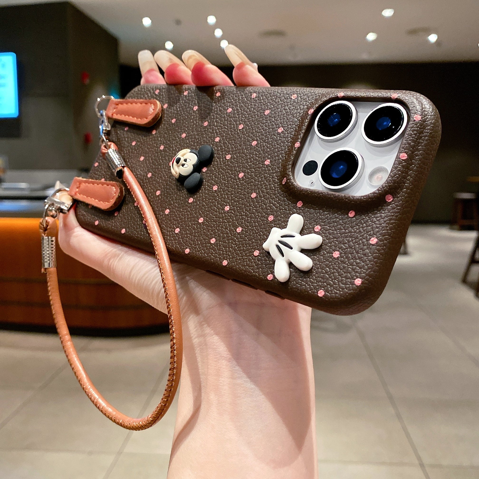 Mickey Mouse Polka Dot Leather Strap Phone Case For iPhone 17 Pro Max