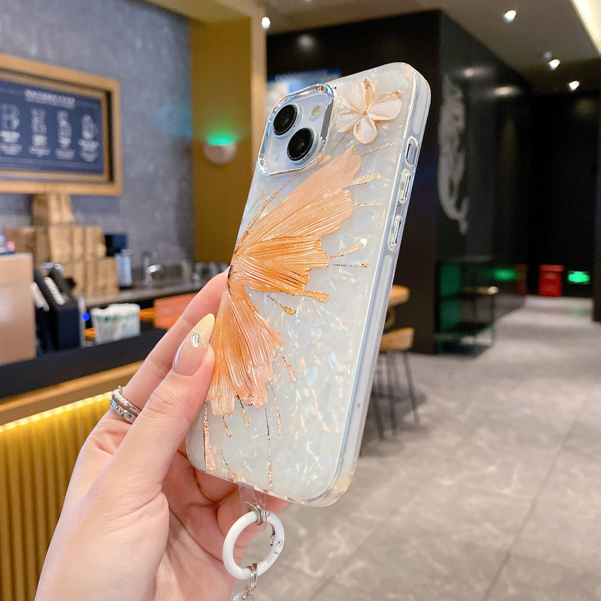 Orange Butterfly With Steel Camera Protection With Bracelet For iPhone 17 Pro