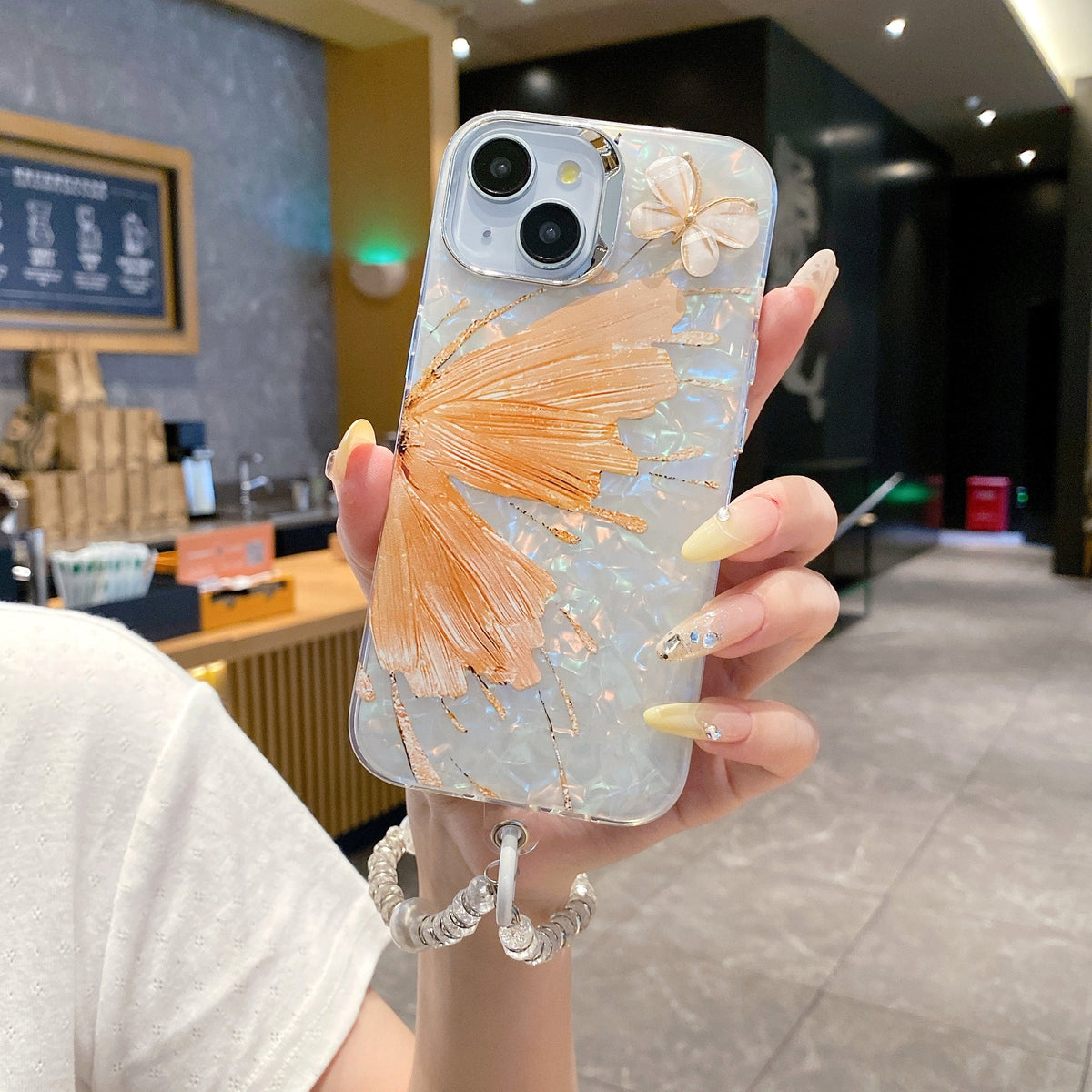 Orange Butterfly With Steel Camera Protection With Bracelet For iPhone 17 Pro Max