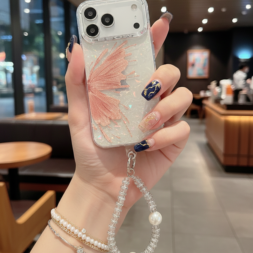 Orange Butterfly With Steel Camera Protection With Bracelet For iPhone 17 Pro