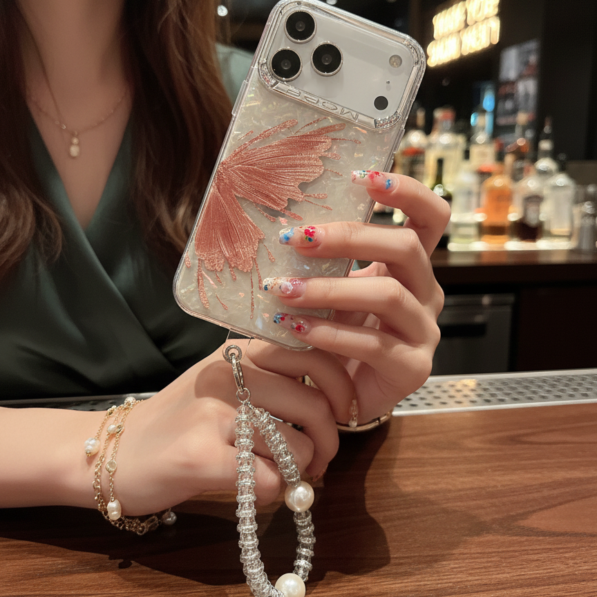 Orange Butterfly With Steel Camera Protection With Bracelet For iPhone 17 Pro