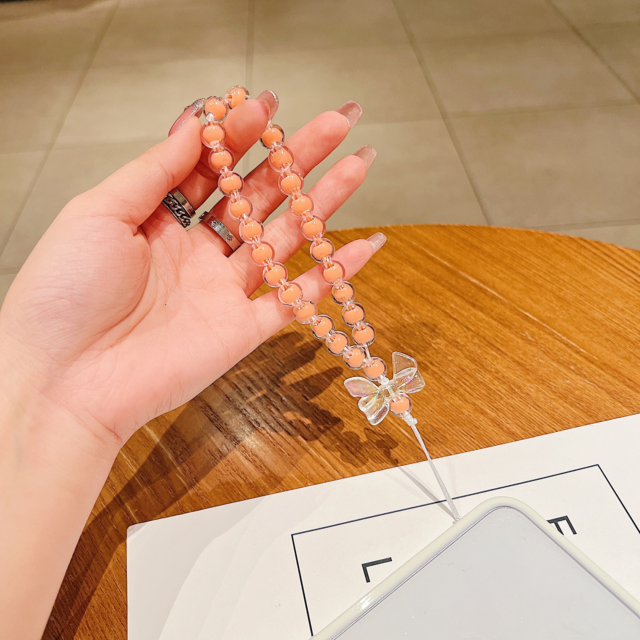 Peach Ribbon Beaded Phone Charm