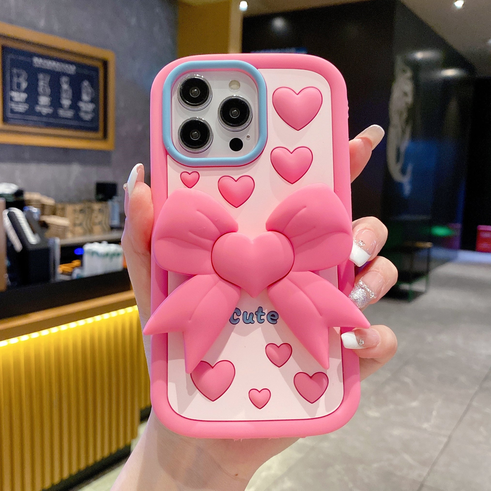 Pink Heart With Bow Stand Silicon Phone Cases For iPhone