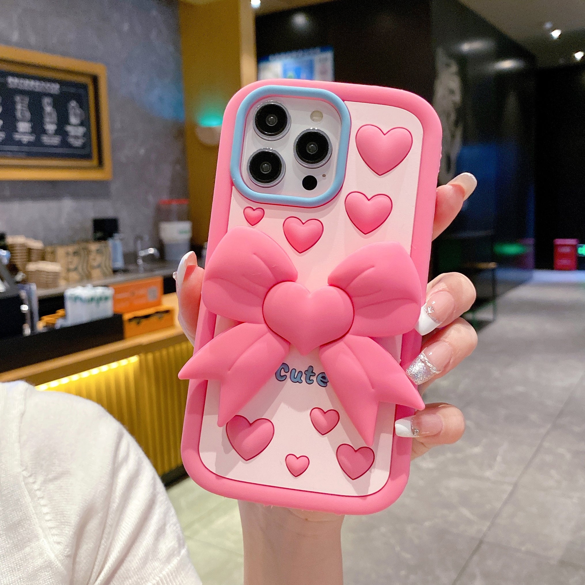 Pink Heart With Bow Stand Silicon Phone Cases For iPhone