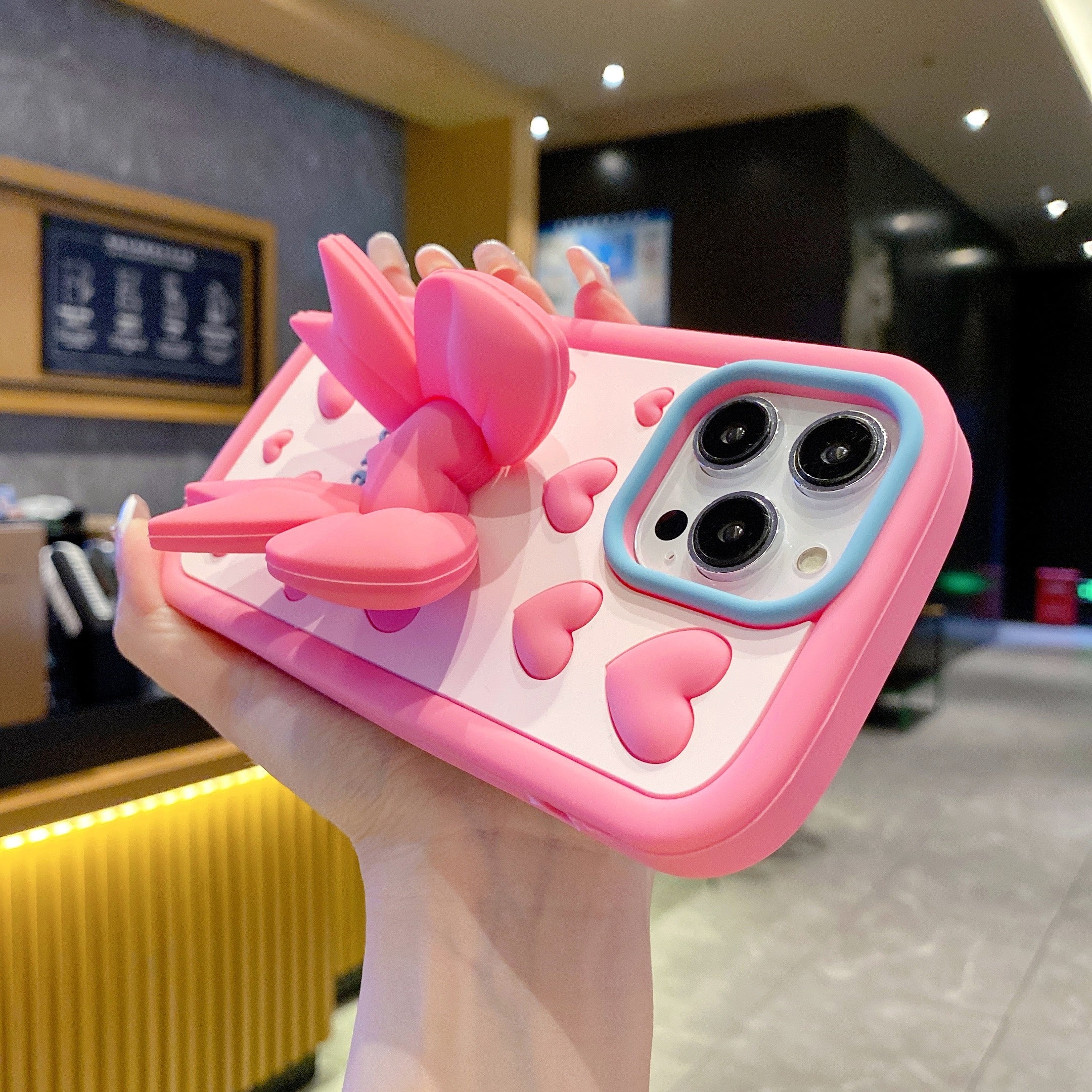 Pink Heart With Bow Stand Silicon Phone Cases For iPhone
