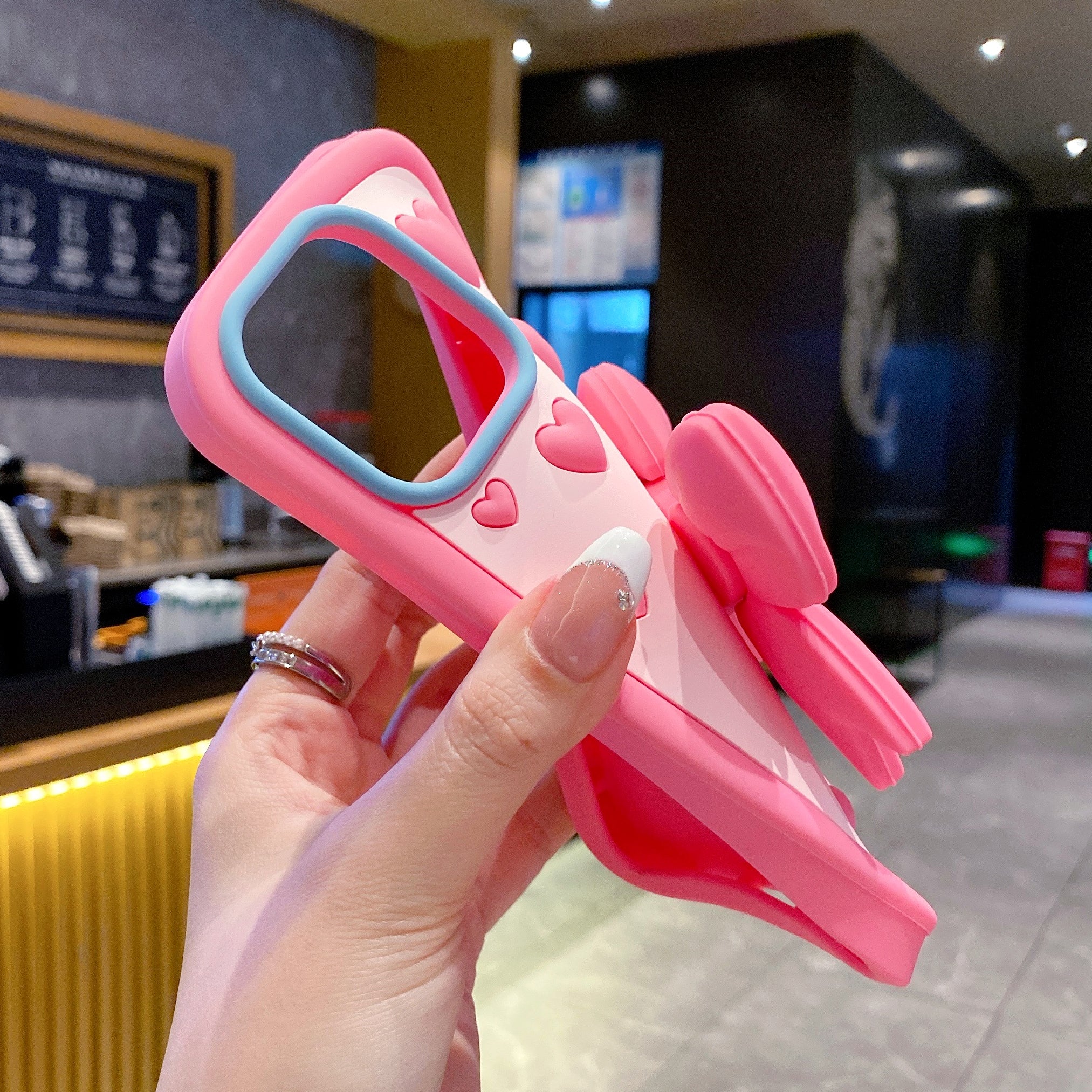 Pink Heart With Bow Stand Silicon Phone Cases For iPhone