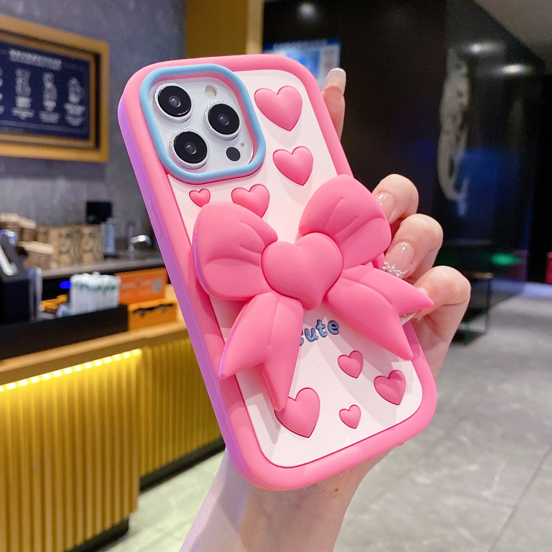 Pink Heart With Bow Stand Silicon Phone Cases For iPhone
