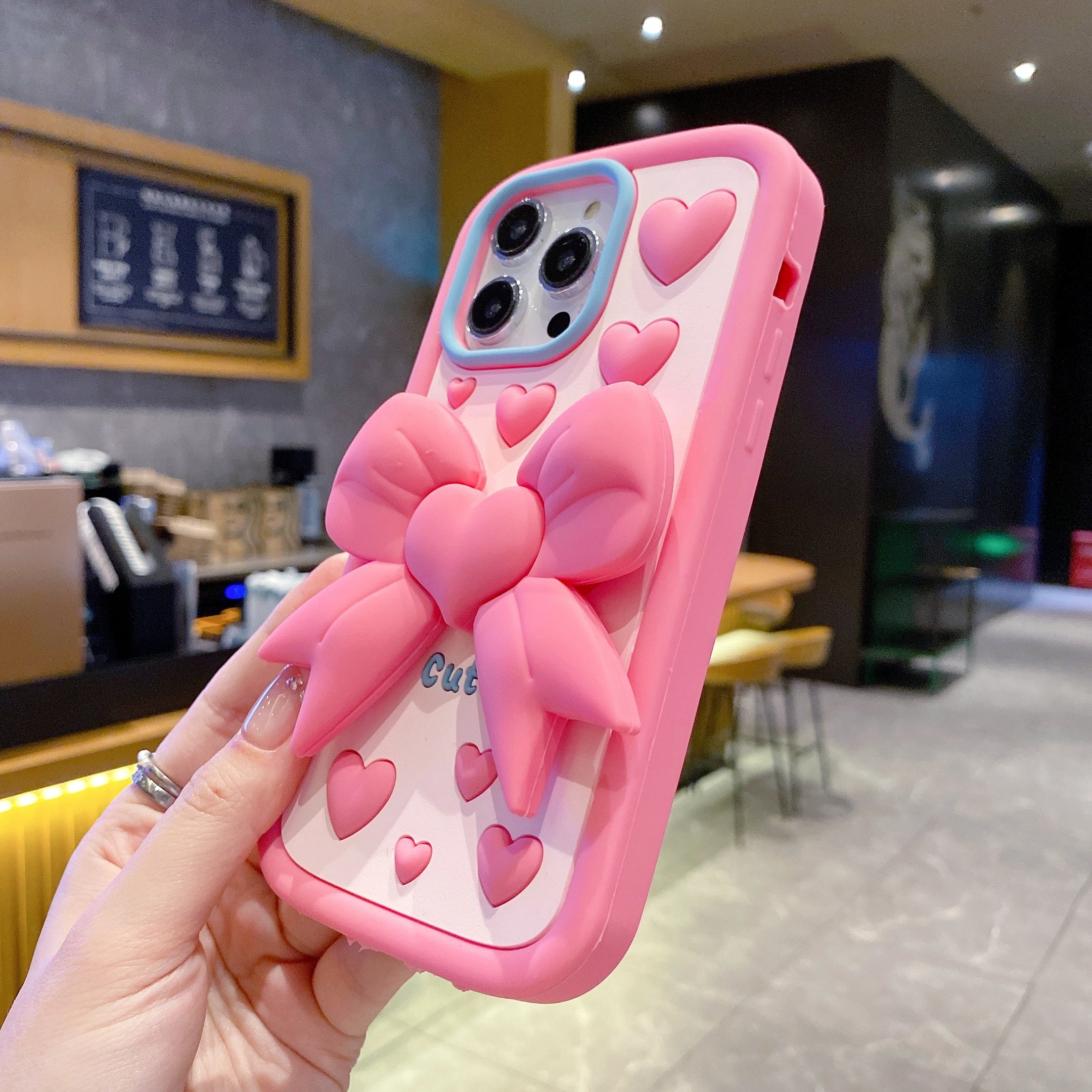 Pink Heart With Bow Stand Silicon Phone Cases For iPhone