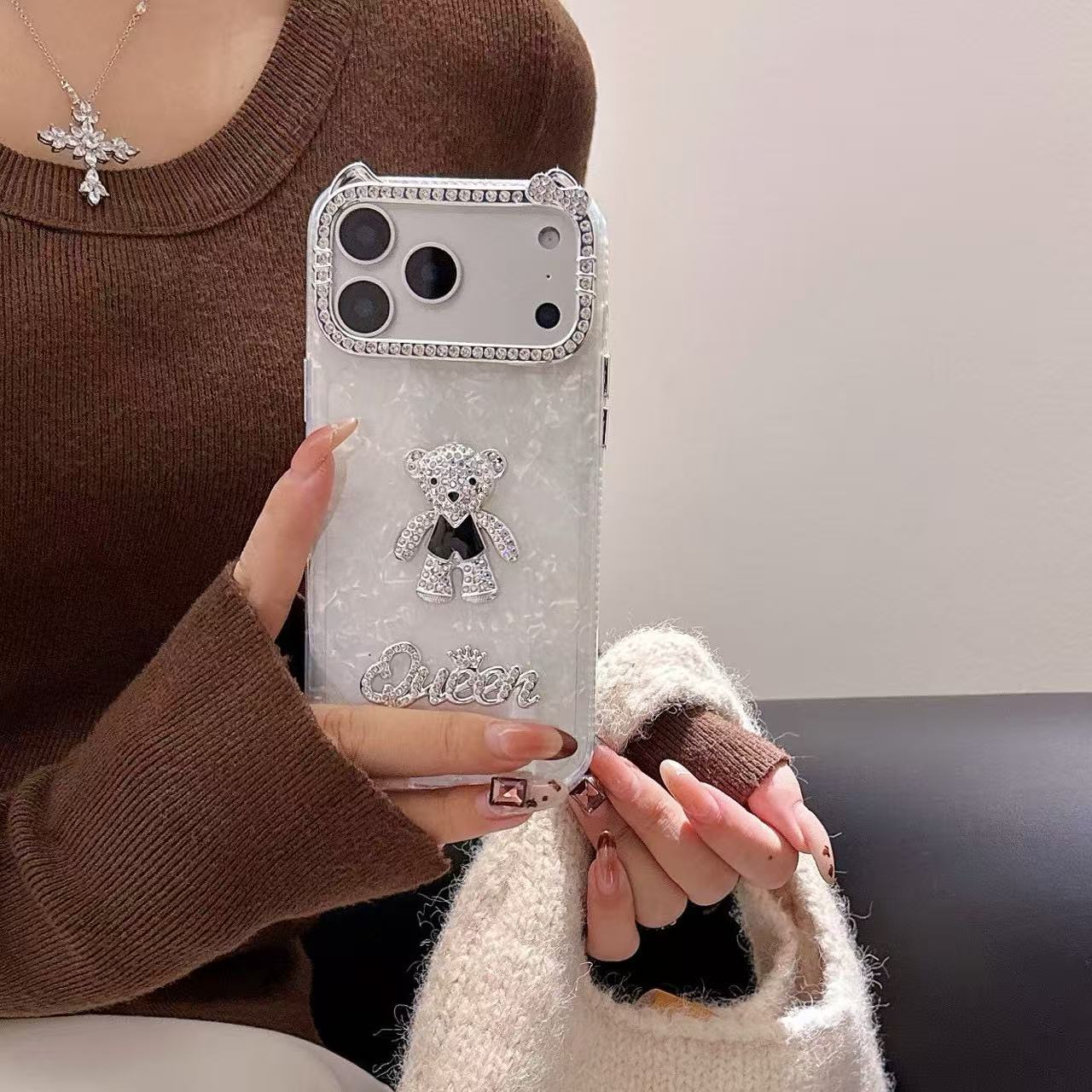 Queen Teddy With Diamond Camera Frame Silicone Phone Case For iPhone 13 Pro