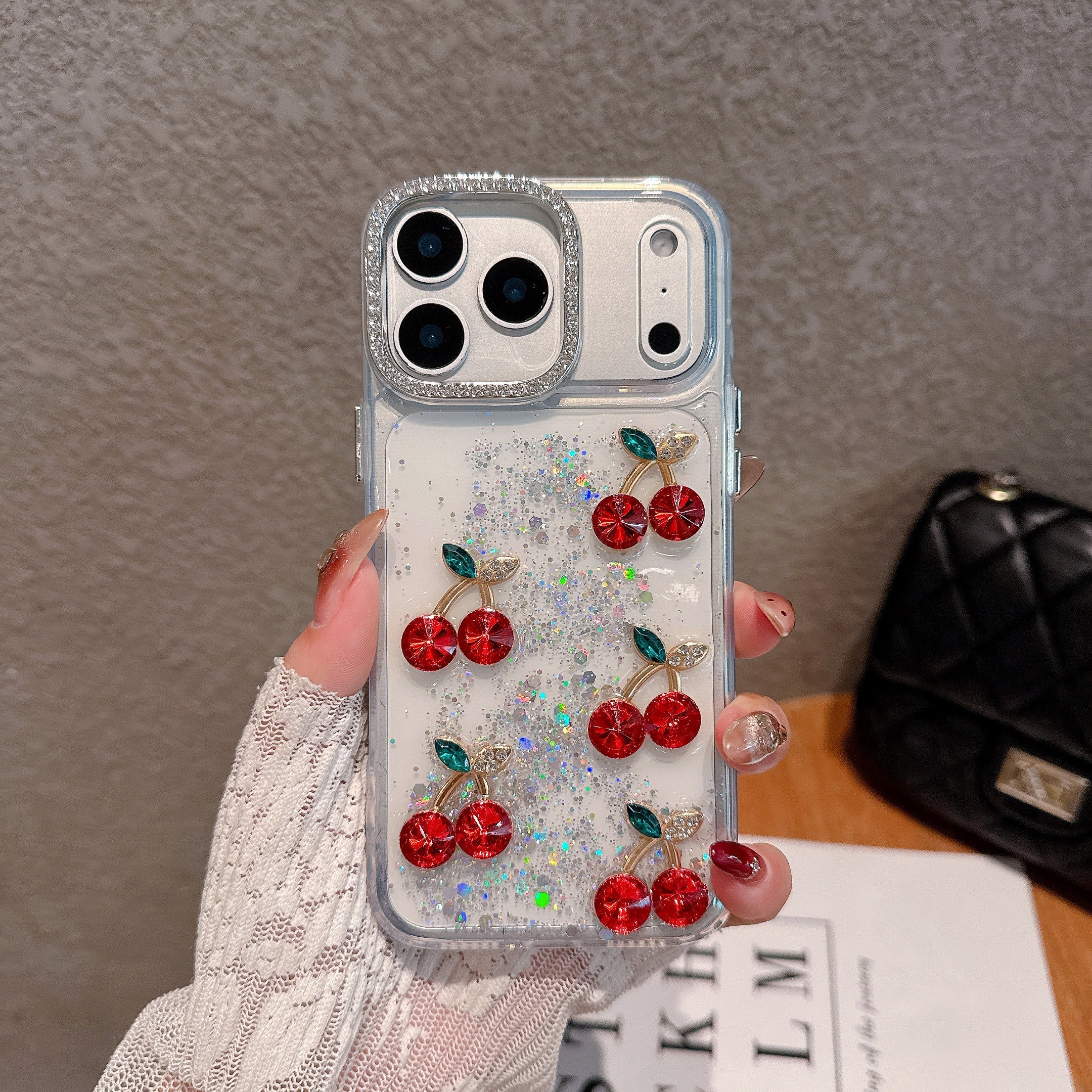 Red Cherry Crystal Phone Case - Luxury Glitter Liquid & Diamond Camera Lens Case For iPhone 16 pro