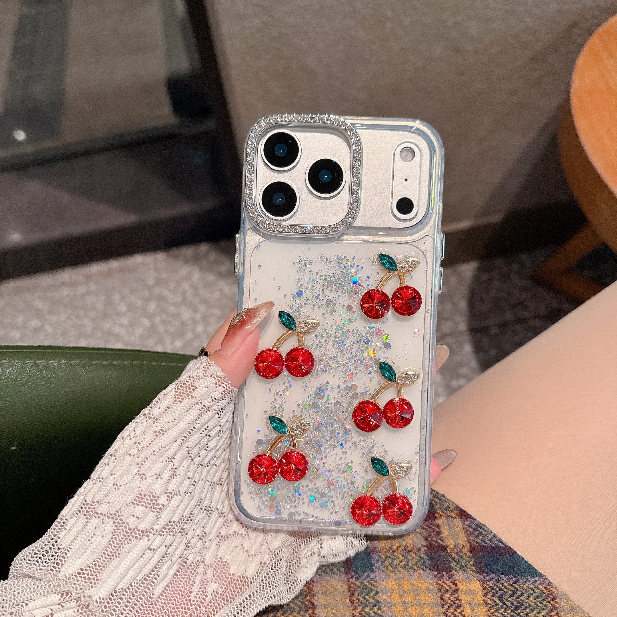 Red Cherry Crystal Phone Case - Luxury Glitter Liquid & Diamond Camera Lens Case For iPhone 16 pro