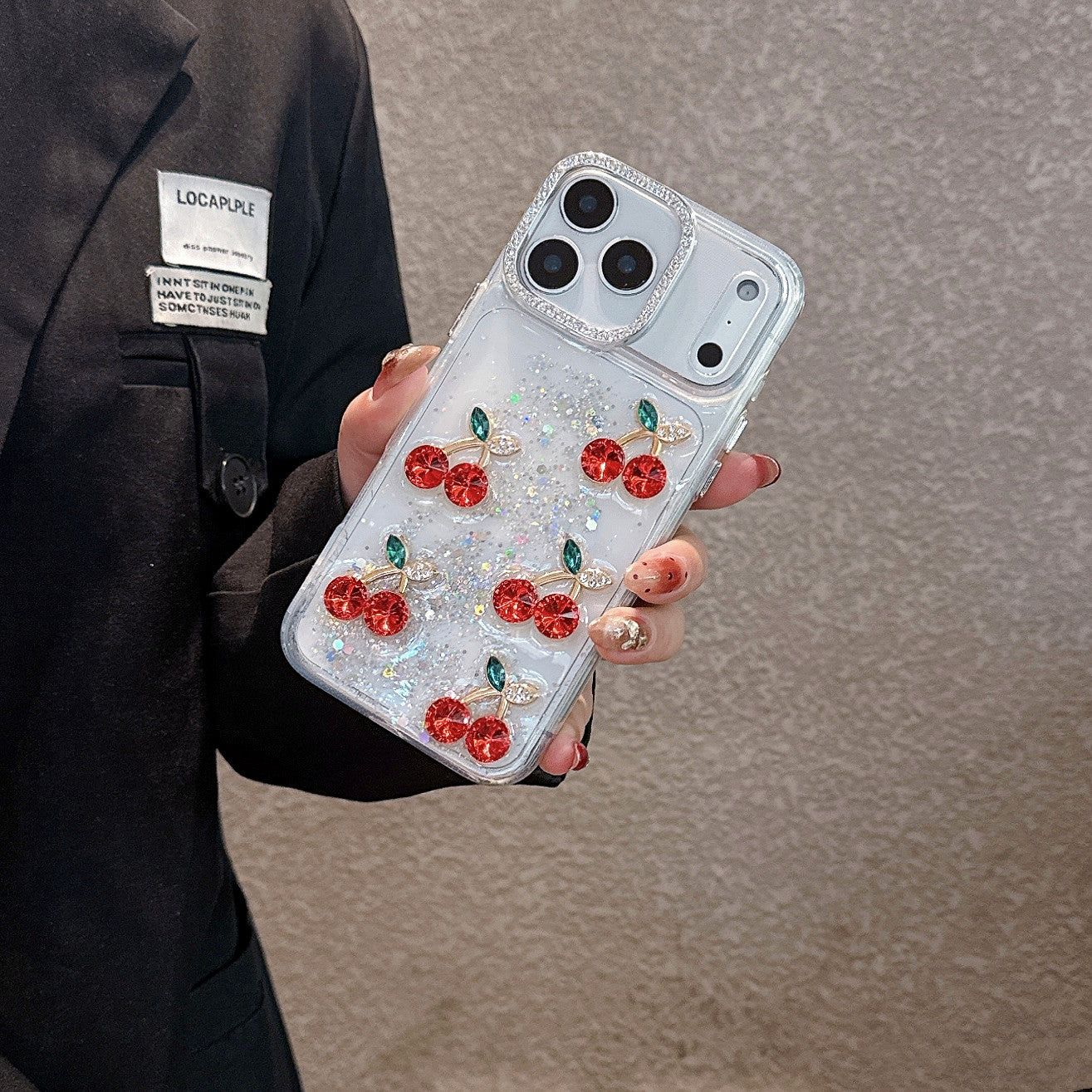 Red Cherry Crystal Phone Case - Luxury Glitter Liquid & Diamond Camera Lens Case For iPhone 16 pro