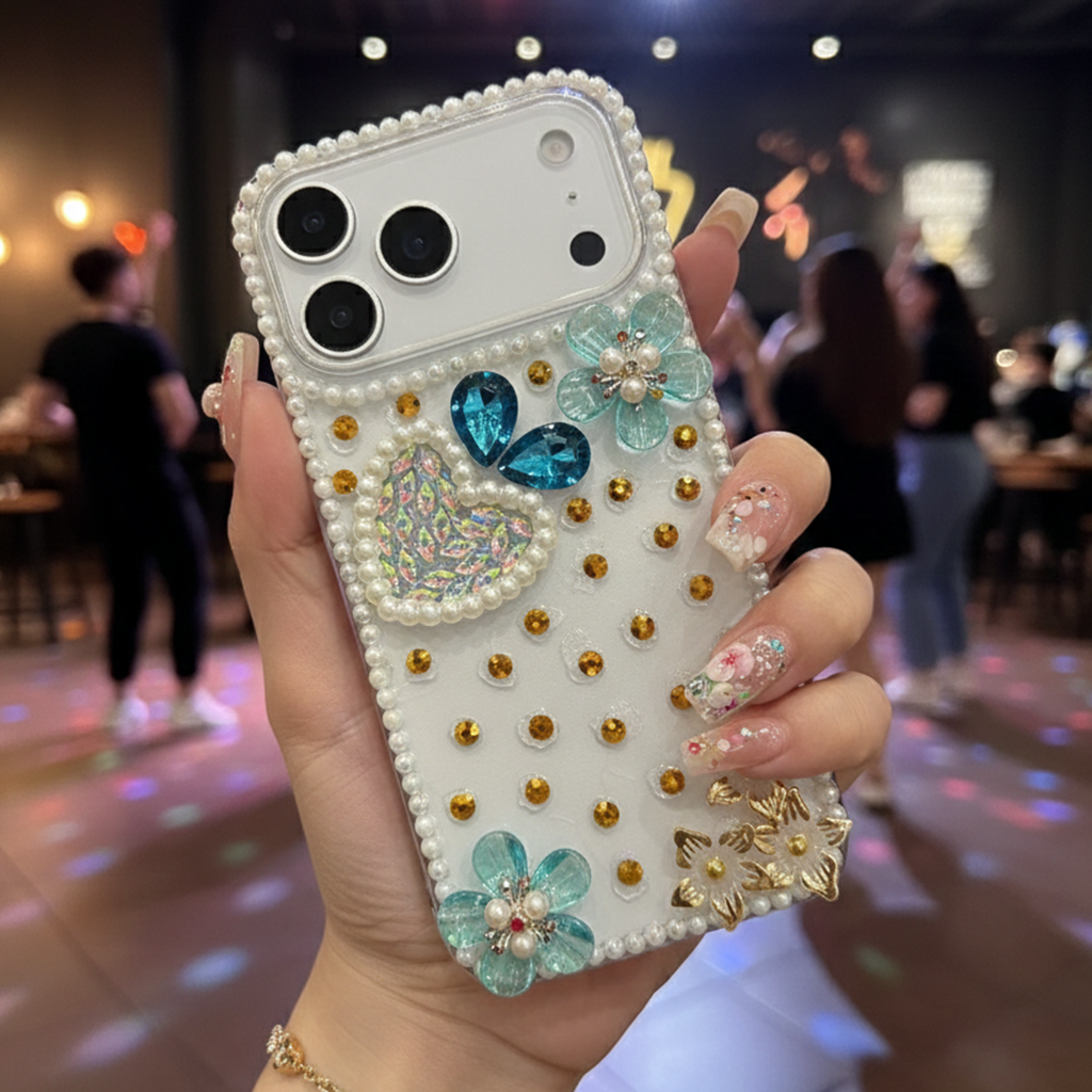 Royal Pearl Bling Case - Premium Blue Crystal Heart Aesthetic Shield with Diamond Camera Guard Case For iPhone 16 pro