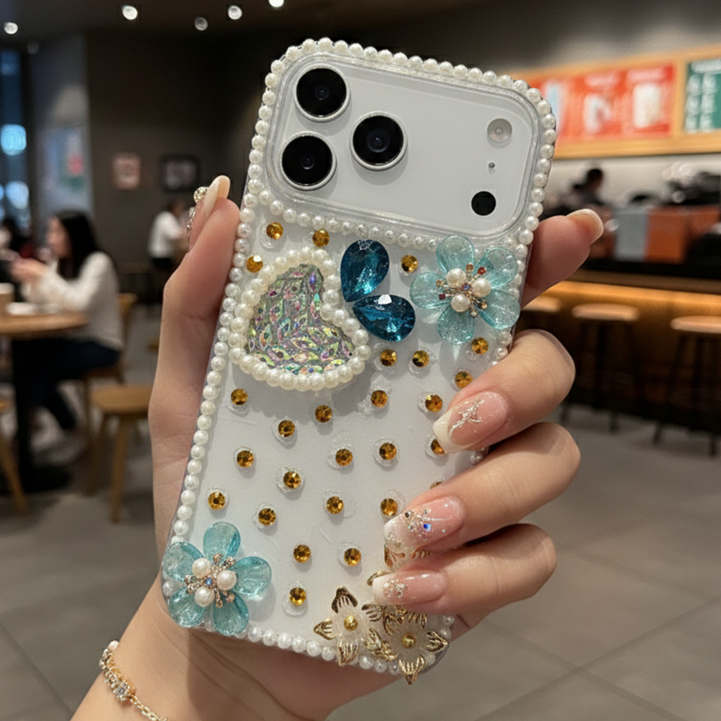 Royal Pearl Bling Case - Premium Blue Crystal Heart Aesthetic Shield with Diamond Camera Guard Case For iPhone 16 pro