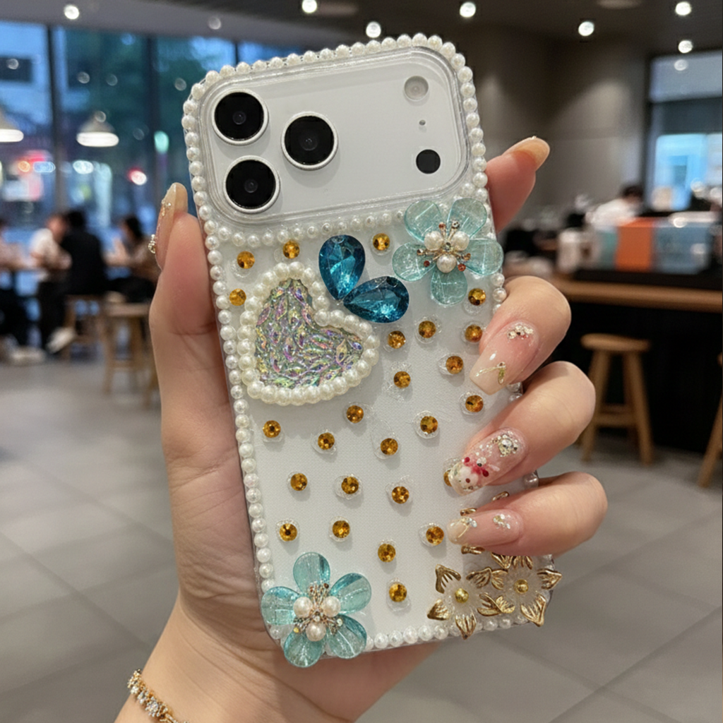 Royal Pearl Bling Case - Premium Blue Crystal Heart Aesthetic Shield with Diamond Camera Guard Case For iPhone 16 pro