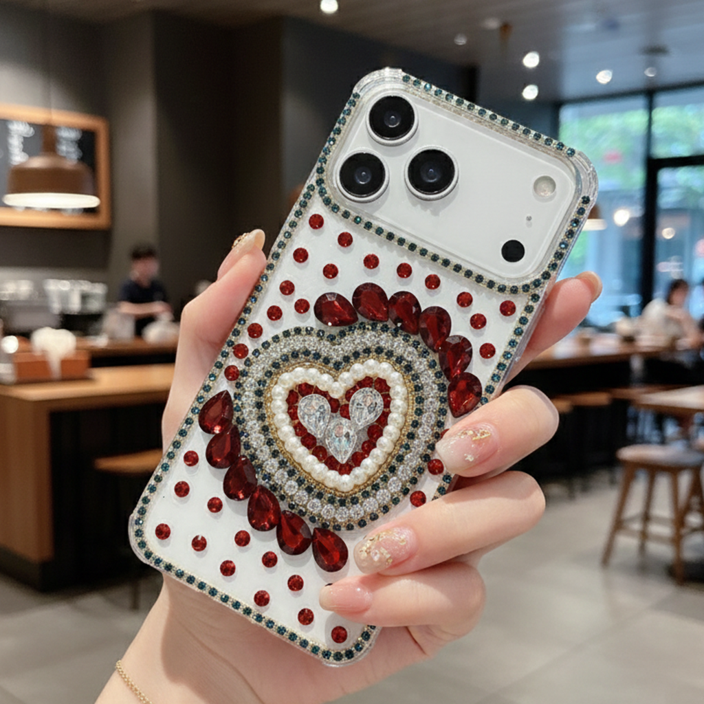 Scarlet Gemstone Full Heart Frame & Crystal Shield Case For iPhone 16 pro