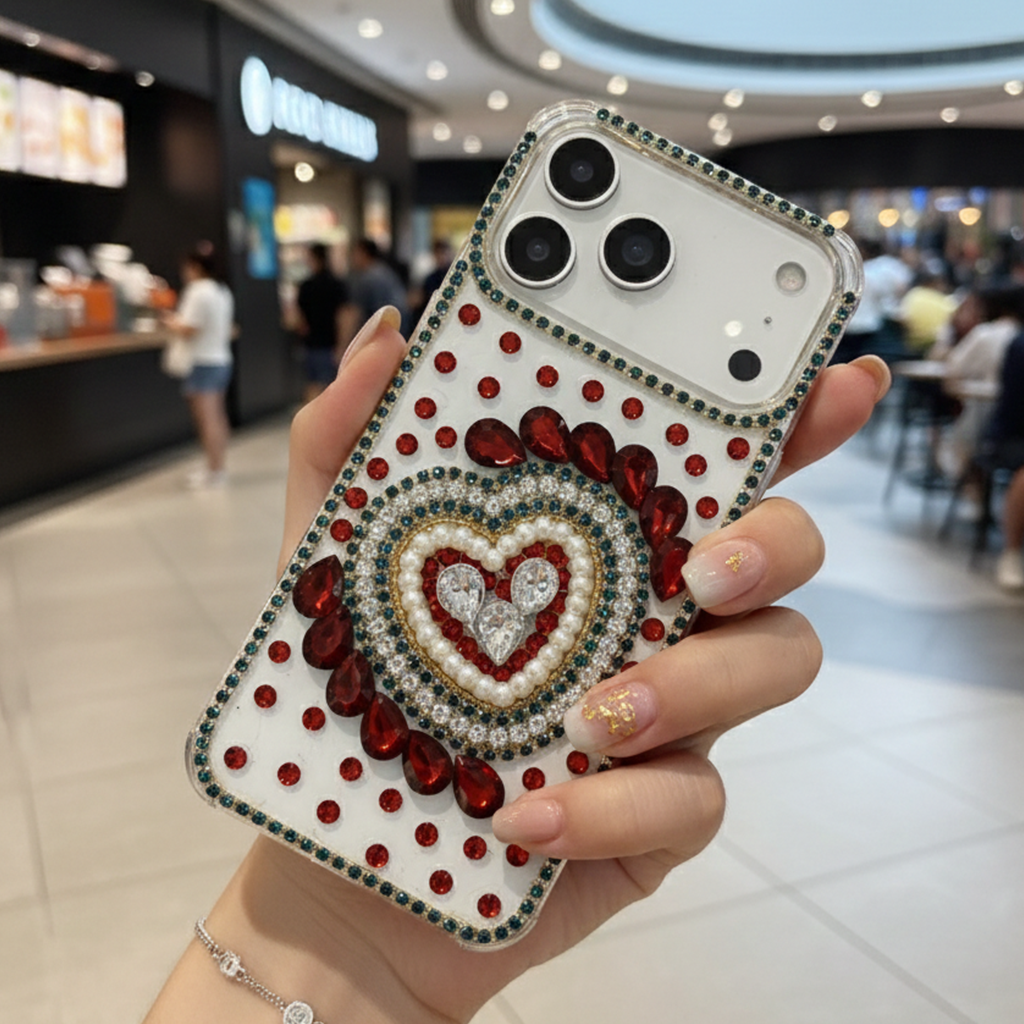 Scarlet Gemstone Full Heart Frame & Crystal Shield Case For iPhone 16 pro