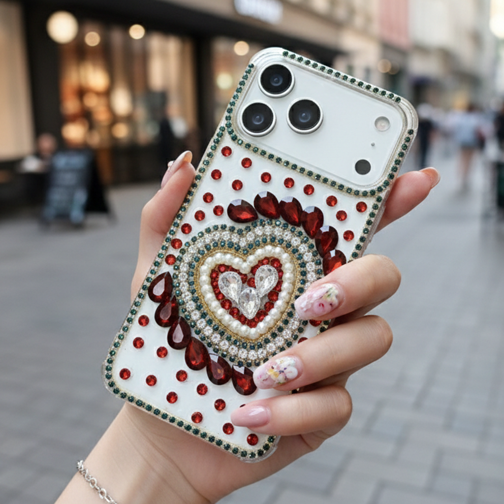 Scarlet Gemstone Full Heart Frame & Crystal Shield Case For iPhone 16 pro