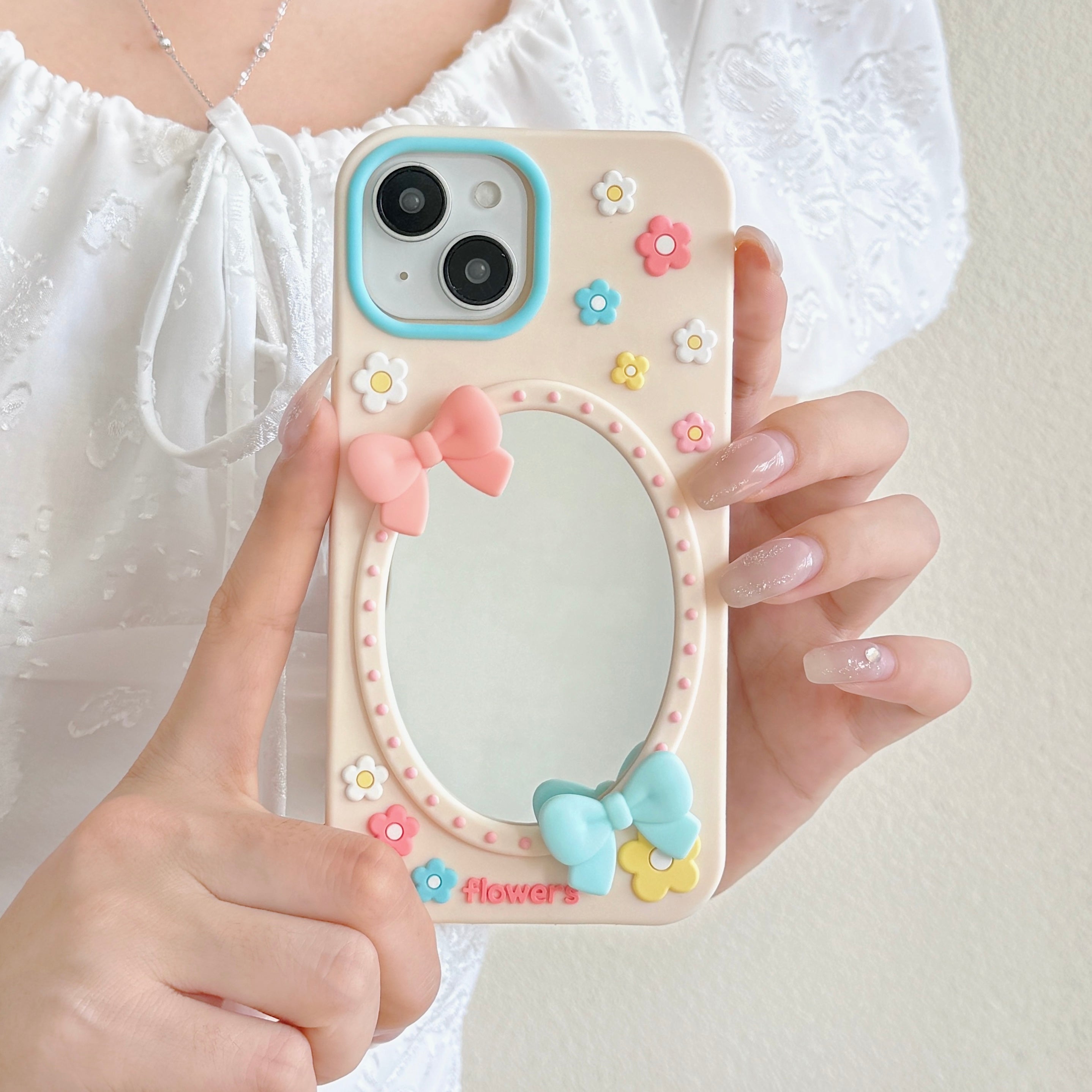 Soft Girl Aesthetic Mirror With Luxury Flower & Bow Phone Case