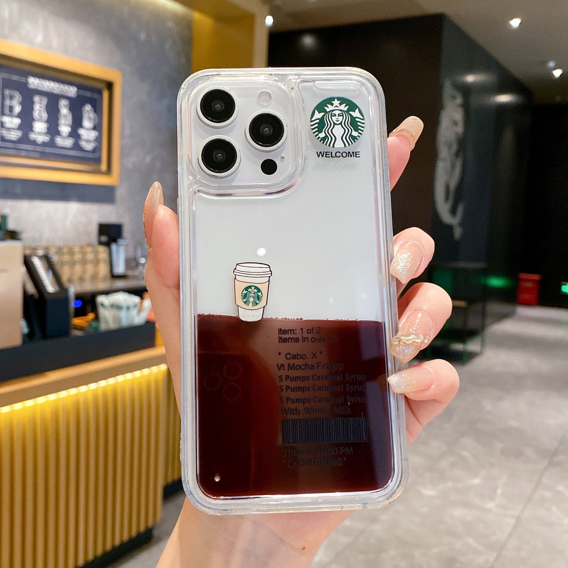 Starbcuks Liquid Coffee Floating Cup Silicon Phone Case For iPhone 16 Pro