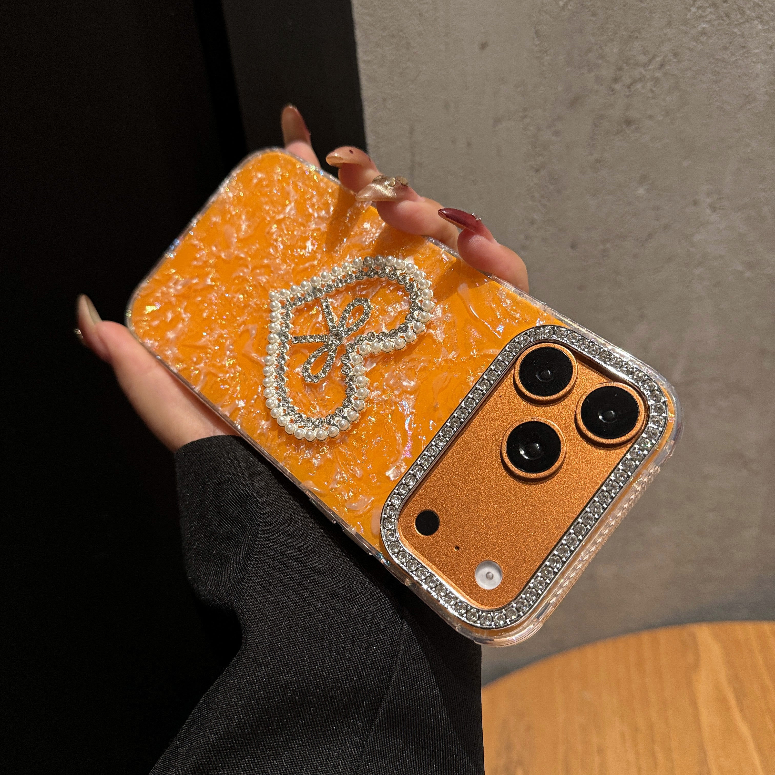 Golden Sunset Series Case — Premium Pearl & Crystal Heart Design with Diamond Camera Guard