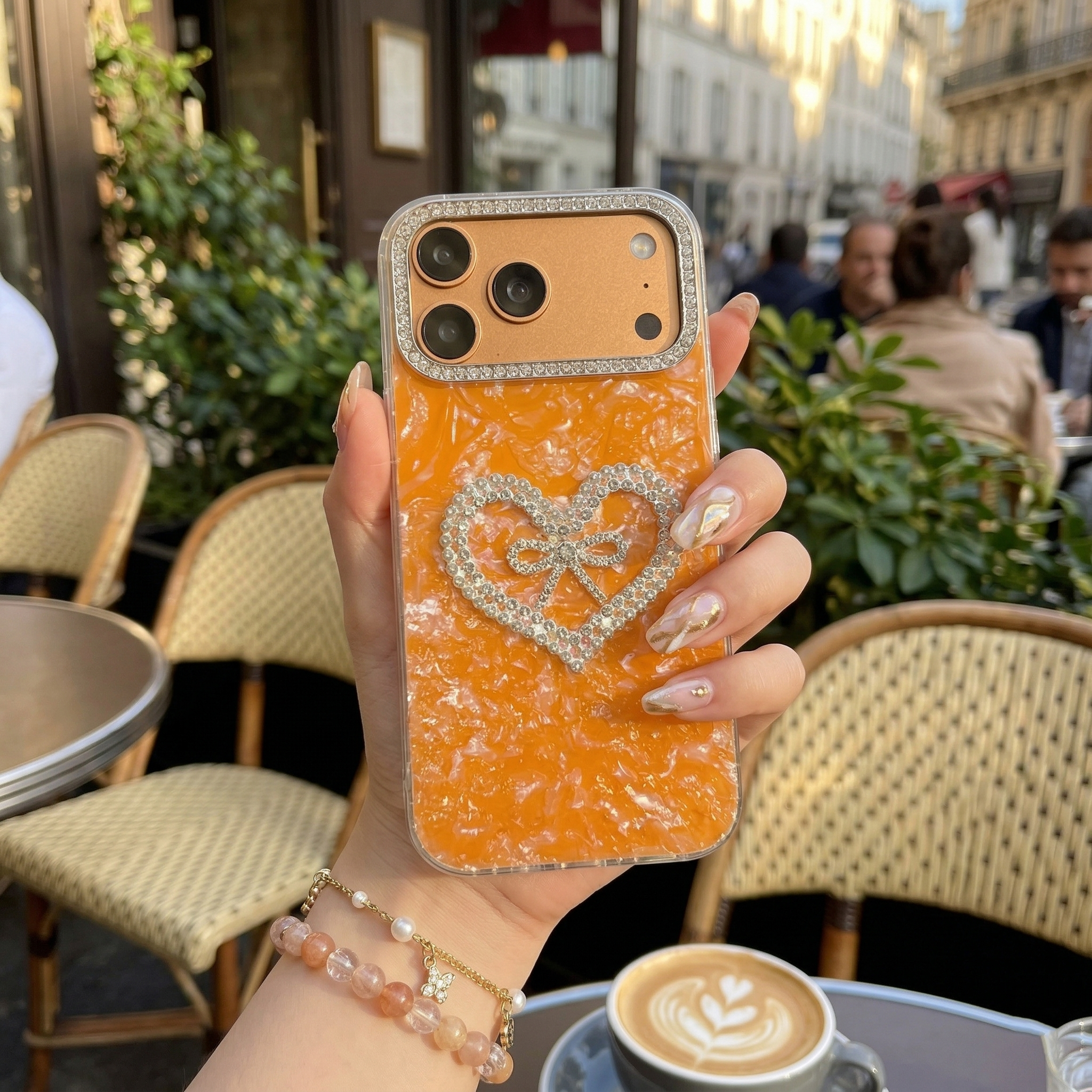 Golden Sunset Series Case — Premium Pearl & Crystal Heart Design with Diamond Camera Guard